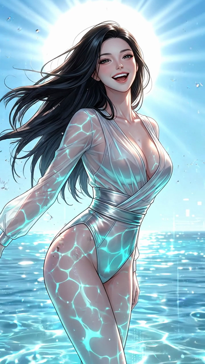 An atmospheric anime keyframe video with a slow-motion feel. The camera slowly glides sideways. Volumetric light rays stream from above, casting soft, moving shadows. Tiny dust particles drift in the light. The character's hair moves gently in a quie