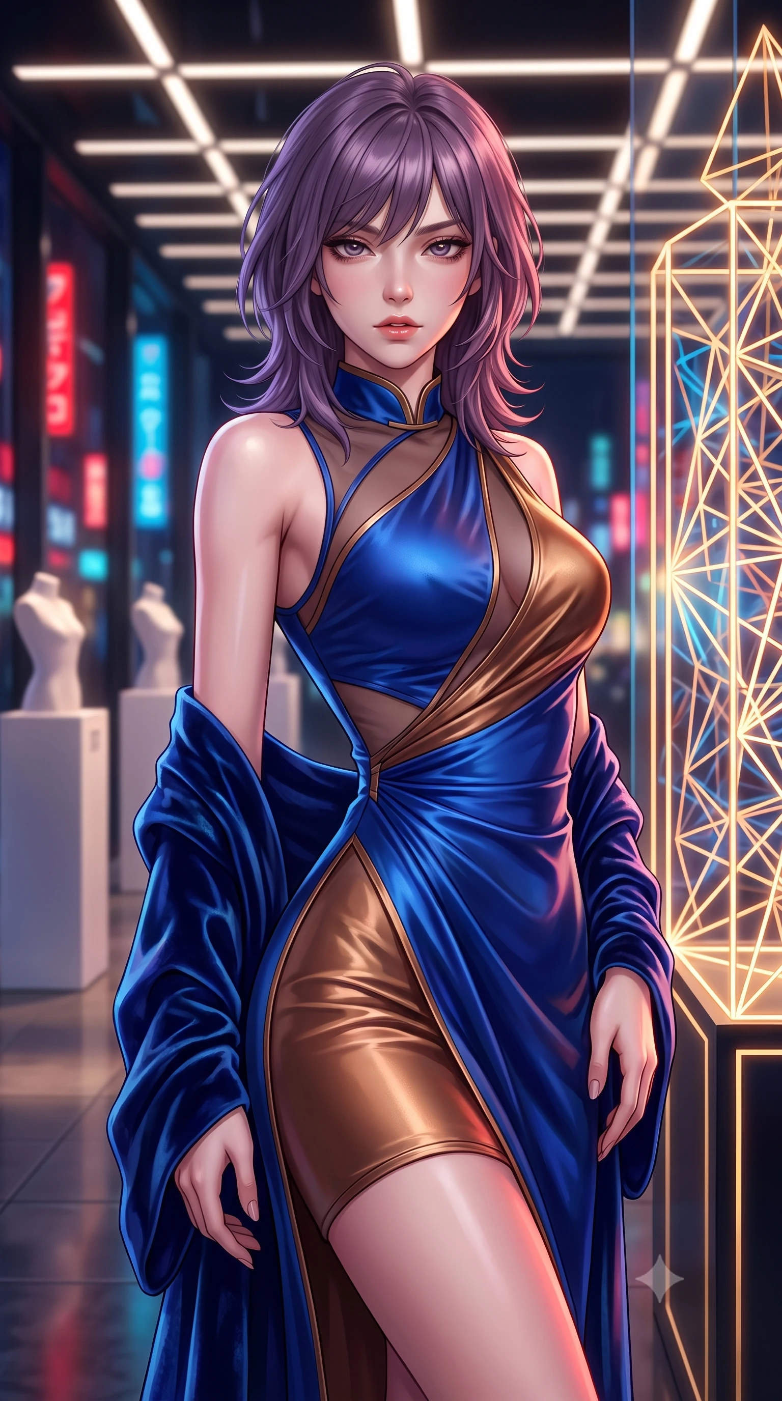 score_9, masterpiece, best quality, ultra-detailed, high-budget anime keyframe, semi-realistic 3D game render, editorial fashion photography, tasteful artistic composition, Japanese woman. close-up cowboy shot from the waist and thighs up, the character dominates the composition, filling the frame with her large presence. leaning back with relaxed seductive grace, her sculpted collarbones and narrow waist highlighted as she casts smoldering bedroom-eyes directly into the camera while standing poised beside a glowing geometric art installation, twisting her slender torso in an alluring contrapposto stance in the designer light. The composition keeps background elements in soft focus with creamy bokeh. minimalist fashion pedestals and linear ceiling lighting grids softened in ultra-chic editorial shallow focus. She has an exceptionally elegant, slender, and willowy female figure with an ultra-slim waist, flat toned midriff, narrow ribcage, and sculpted feminine hips creating an alluring, slim hourglass silhouette without bulk. sharp v-shaped jawline, high-bridge nose, intricate jewel-like eyes with depth, thick eyelashes, glossy parted lips with a natural sheen, intensely captivating and seductive bedroom-eyes expression, flawlessly proportioned anatomical accuracy, strict slender model proportions, natural body alignment, perfectly sculpted long slender limbs, ultra-slim waistline, clean dynamic posture without body distortion. wearing a wet-look silk fusion wrap dress with asymmetrical sheer mesh cutouts and high Mandarin collar in royal sapphire blue and liquid bronze, tailored from liquid silk jersey adhering flawlessly to her slender build, complemented by a plush velvet shawl draped loosely over her elbows, the second-skin form-contouring cut accentuating her sculpted flat midriff, narrow delicate ribcage, and gracefully curvy hips with supermodel precision. bathed in pure, diffused designer architectural lighting and vibrant Tokyo street neon reflections. highly saturated vibrant anime colors, detailed shading with soft gradients, rich glossy textures, high-contrast stereoscopic depth, volumetric dynamic lighting, master piece, 9:16 ratio