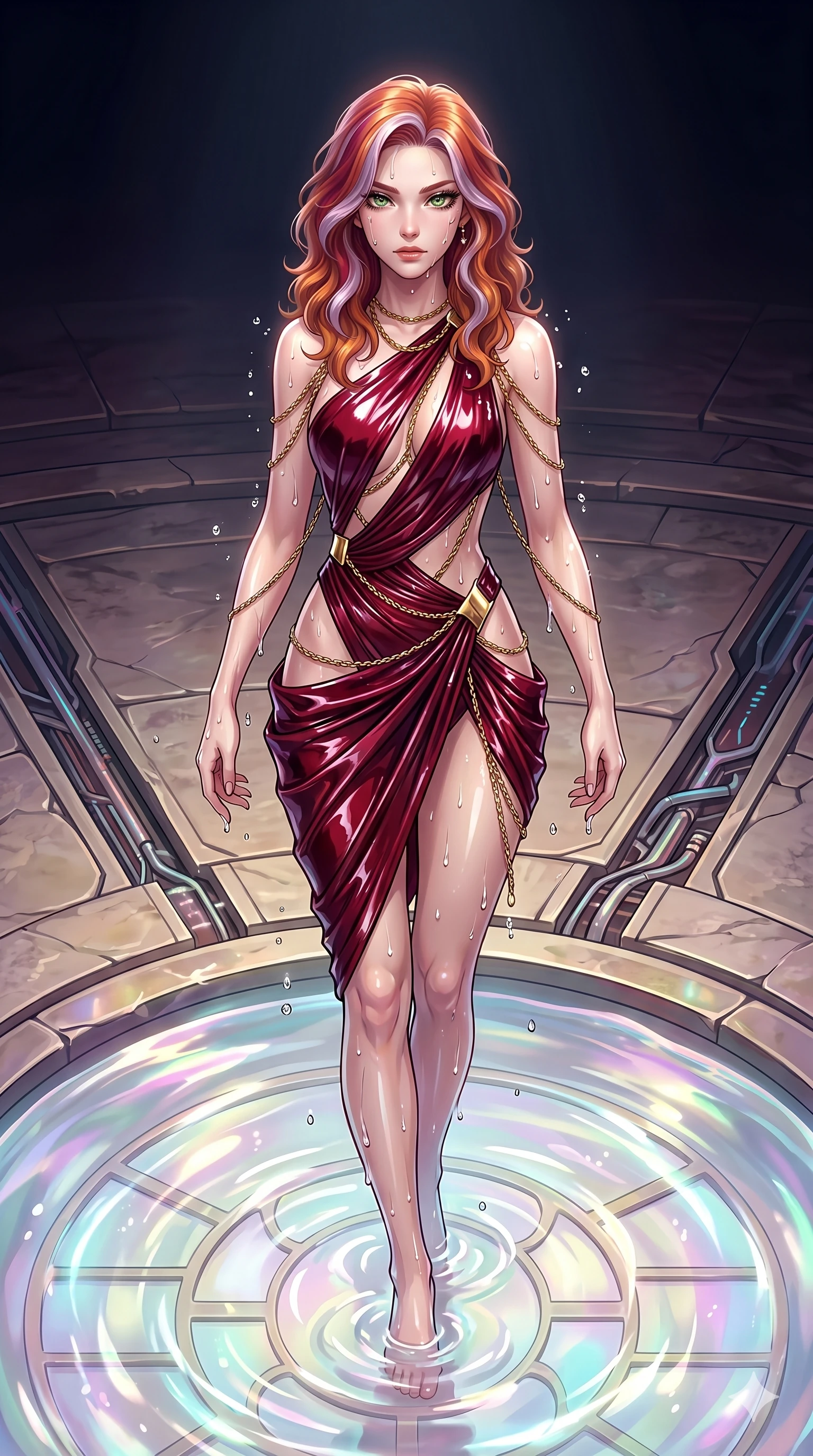score_9, masterpiece, best quality, ultra-detailed, High-budget Anime Keyframe, East Asian woman. Dynamic full-body shot stretching the vertical silhouette to the limit. Scenario 94: Rising from a pool of shimmering fluid environment, droplets rolling off her skin. Her presence is magnetic and overpowering in this high-budget anime scene. Outfit 94: A patent leather fine technical fiber with a artistically draped detail and fine gold chains. The clothing is designed to emphasize her exceptionally tall and slender 8-heads proportion. 8-heads proportion, towering silhouette, ultra-slim waist. sharp v-shaped jawline, intricate jewel-like eyes with depth, thick eyelashes, glossy lips. 2k, ultra detail, master piece, 9:16 ratio