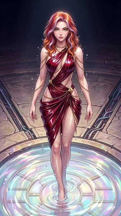 score_9, masterpiece, best quality, ultra-detailed, High-budget Anime Keyframe, East Asian woman. Dynamic full-body shot stretching the vertical silhouette to the limit. Scenario 94: Rising from a pool of shimmering fluid environment, droplets rollin
