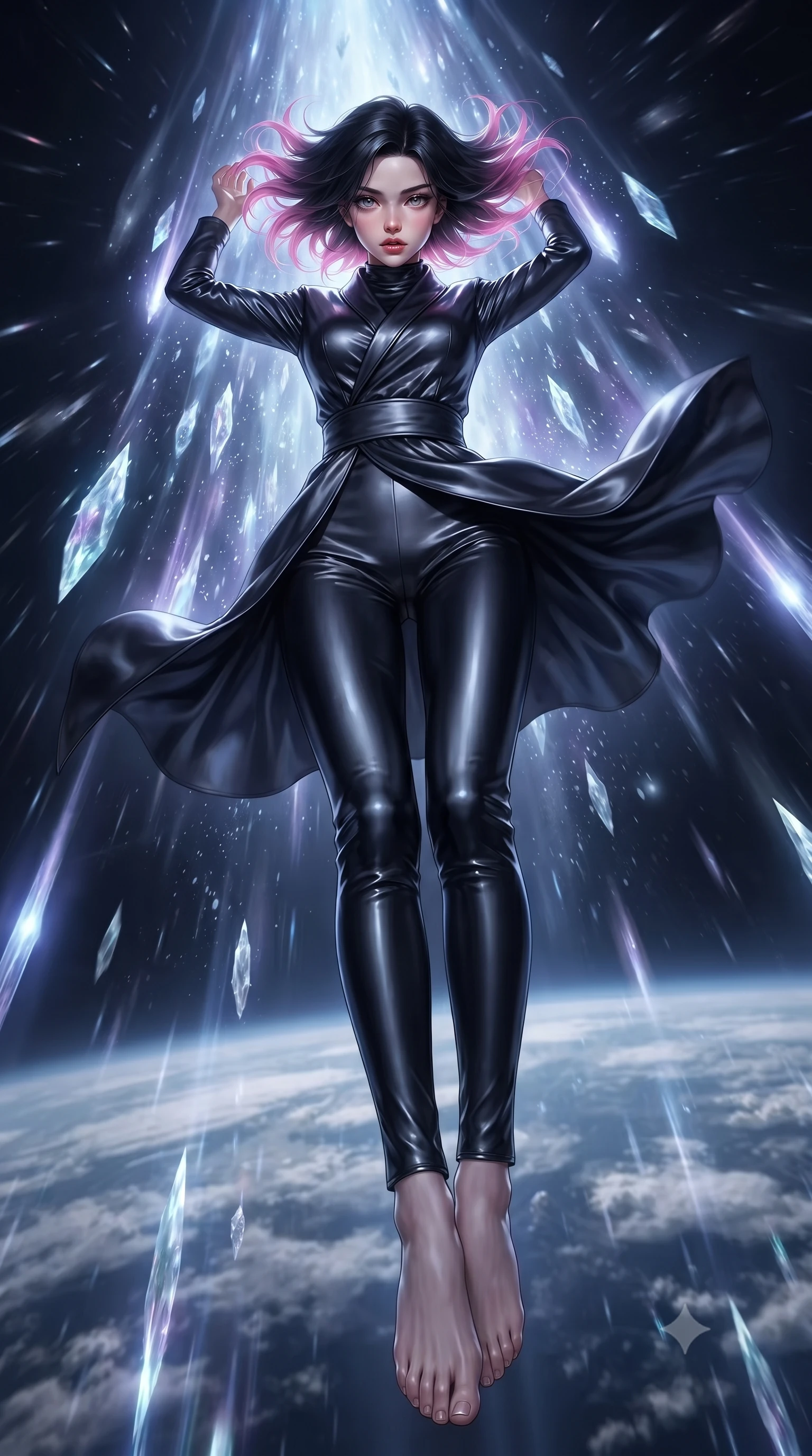 score_9, masterpiece, best quality, ultra-detailed, high-budget anime keyframe, editorial fashion photography, tasteful artistic composition, realistic cosplay photography, Korean woman. low angle full-body shot from head to toe showing her feet, filling the entire 9:16 vertical frame with her statuesque presence, stretching her vertical silhouette. leaping off a launching drop-ship, diving headfirst toward the cloud tops of an alien world through flying through the tail of a giant comet, ice crystals and silver dust rushing past at high speed in the dark. She has a statuesque 8.5-heads proportion, an exceptionally tall, slender and willowy model-like build with impossibly long legs and a highly sculpted ultra-slim waist. sharp v-shaped jawline, high-bridge nose, intricate jewel-like eyes with depth, thick eyelashes, glossy lips with a natural sheen. wearing the lightweight fabric rippling and billowing dramatically with her movement, a slim-fit form-contouring spy jumpsuit in midnight black silk-satin, featuring a high wrap collar and a matching wide waist belt. cool ethereal blue-violet bioluminescent glow wrapping around her from all sides. ultra-reflective glossy finish, specular highlights, metallic sheen, high-contrast stereoscopic depth, volumetric dynamic lighting, 2k, ultra detail, master piece, 9:16 ratio