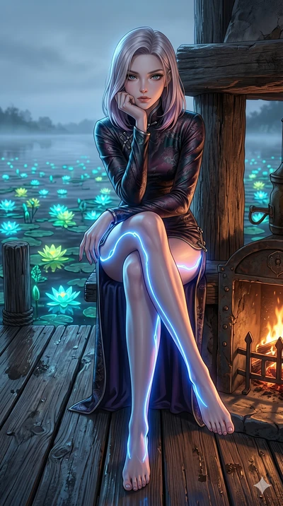score_9, masterpiece, best quality, ultra-detailed, high-budget anime keyframe, editorial fashion photography, tasteful artistic composition, Caucasian woman, strictly human ears. low angle full-body shot from head to toe showing her feet, filling th