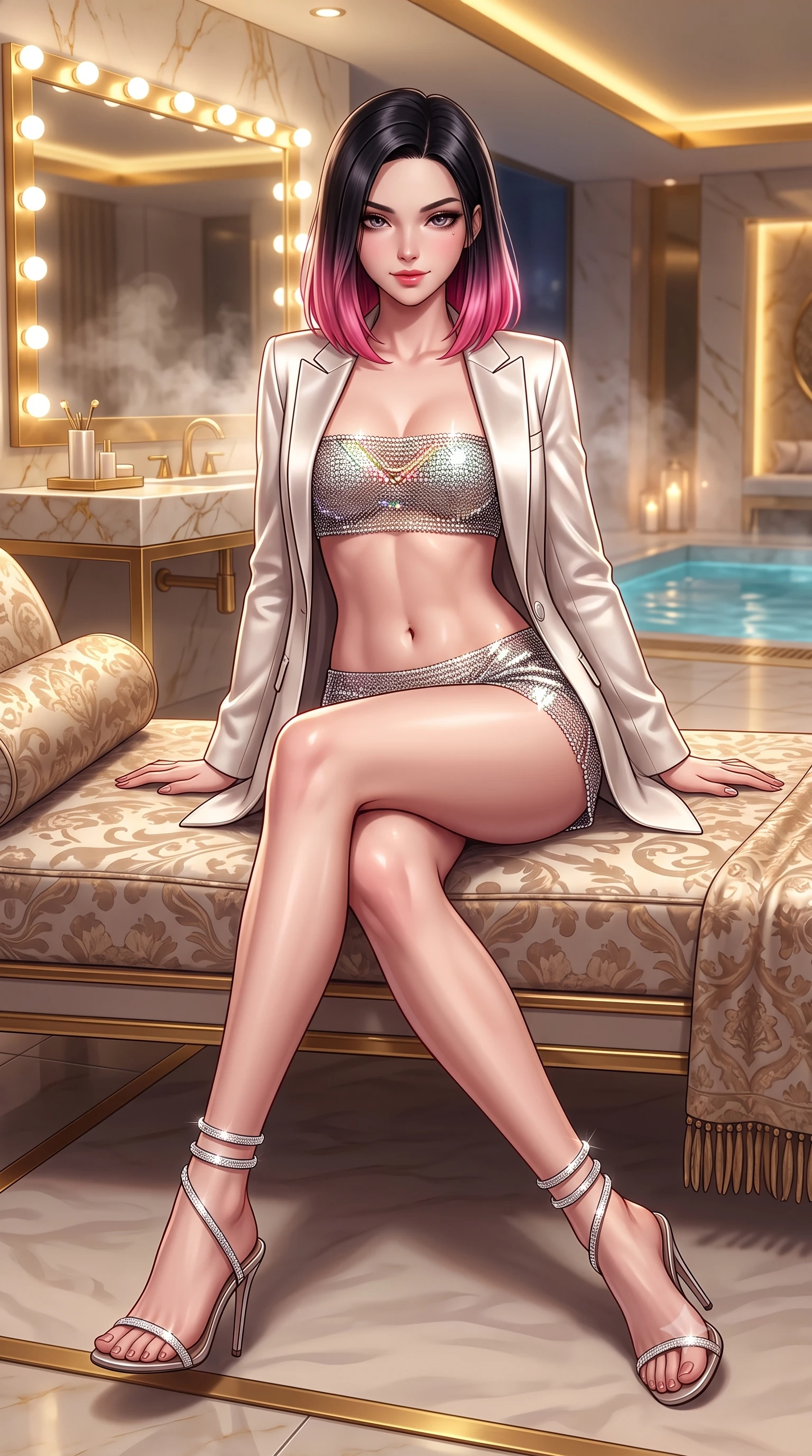 score_9, masterpiece, best quality, ultra-detailed, high-budget anime keyframe, semi-realistic 3D game render, editorial fashion photography, tasteful artistic composition, Korean woman. low angle full-body shot from head to toe showing her feet, filling the entire 9:16 vertical frame with her statuesque presence, stretching her vertical silhouette. lounging on the lavish poolside daybed with legs crossed and hips angled toward the camera, displaying her toned midriff and long slender limbs with effortless siren poise while leaning forward over the gilded marble vanity counter while arching her lower back to accentuate her curvy hips, looking into the mirror with a smoldering bedroom-gaze. The background shows a soft-focus aromatic bath steam and soft vanity bulb glows softened in ultra-luxury boudoir shallow focus. She has an absolutely perfect, statuesque 8.5-heads proportion, an exceptionally tall and slender model-like female figure with impossibly long slender legs, an ultra-slim waist, a flat toned midriff, narrow delicate ribcage, and beautifully sculpted feminine hips creating a graceful, slim hourglass silhouette without any bulky heaviness. sharp v-shaped jawline, high-bridge nose, sparkling eyes with hypnotic seductive depth, thick curled eyelashes, glossy parted lips with a natural dewy peach sheen, alluring bedroom-eyes with an enchanting coquettish smile, exuding magnetic siren charisma and sophisticated high-fashion glamour, flawlessly proportioned anatomical accuracy, strict slender model proportions, natural body alignment, perfectly sculpted long slender limbs, ultra-slim waistline, clean dynamic posture without body distortion. wearing a tailored open-front satin smoking jacket worn over a jewel-embellished bandeau and micro-shorts in pure pearl alabaster with platinum sheen, crafted from shimmering fluid chainmail mesh reflecting ambient candlelight, complemented by strappy stiletto sandals with crystal ankle wraps accentuating her slender calves, the precision-cut side openings and low-back scoop framing her graceful spine and the sensual sweep of her slim, toned hips. bathed in warm 2700K Hollywood-style perimeter mirror lighting and ambient gold cove glow. highly saturated vibrant anime colors, detailed shading with soft gradients, rich glossy textures, high-contrast stereoscopic depth, volumetric dynamic lighting, master piece, 9:16 ratio