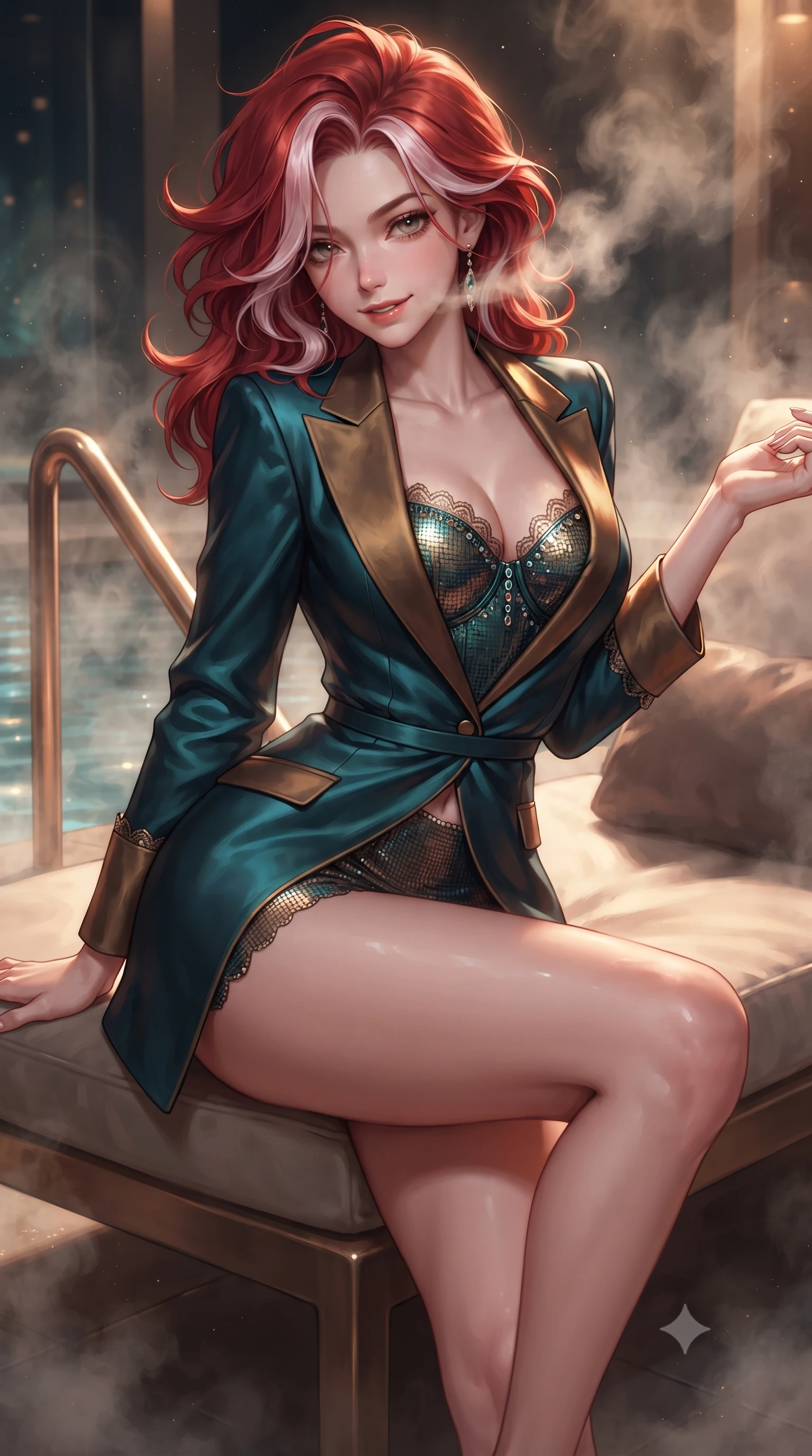 score_9, masterpiece, best quality, ultra-detailed, high-budget anime keyframe, editorial fashion photography, tasteful artistic composition, Caucasian woman. close-up cowboy shot from the waist and thighs up, the character dominates the composition, filling the frame with her large presence. perched sideways on the lounge seat, one knee drawn up to showcase her slender leg line while her arched back accentuates her feminine hip curve while leaning against the warm titanium spa railing with hips cocked back, looking through rising mineral steam with smoldering bedroom-eyes. The surrounding environment is rendered in vivid detail and crisp panoramic clarity: detailed wet-look vinyl bustier texture, delicate waist chain shine, and Scandinavian cantilever engineering in high resolution. She has an exceptionally elegant, slender, and willowy female figure with an ultra-slim waist, flat toned midriff, narrow ribcage, and sculpted feminine hips creating an alluring, slim hourglass silhouette without bulk. sharp v-shaped jawline, high-bridge nose, sparkling eyes with hypnotic seductive depth, thick curled eyelashes, glossy parted lips with a natural dewy peach sheen, alluring bedroom-eyes with an enchanting coquettish smile, exuding magnetic siren charisma and sophisticated glamour, flawlessly proportioned anatomical accuracy, strict slender model proportions, natural body alignment, perfectly sculpted long slender limbs, ultra-slim waistline, clean dynamic posture without body distortion. wearing a tailored open-front satin smoking jacket worn over a jewel-embellished bandeau and micro-shorts in deep peacock teal and burnished antique brass, crafted from shimmering fluid chainmail mesh reflecting ambient lights, finished with scalloped eyelash lace trim framing her sweetheart neckline with intimate elegance, the high-slit wrap tailoring accentuating her ultra-slim waistline and the enchanting curve of her feminine hips with alluring seductive charm. illuminated by hot water surface reflections and sharp platinum rim lights defining her delicate clavicles, ultra-slim waist, and curvy hips. ultra-reflective glossy finish, specular highlights, rich textural contrasts, high-contrast stereoscopic depth, volumetric dynamic lighting, 2k, ultra detail, master piece, 9:16 ratio