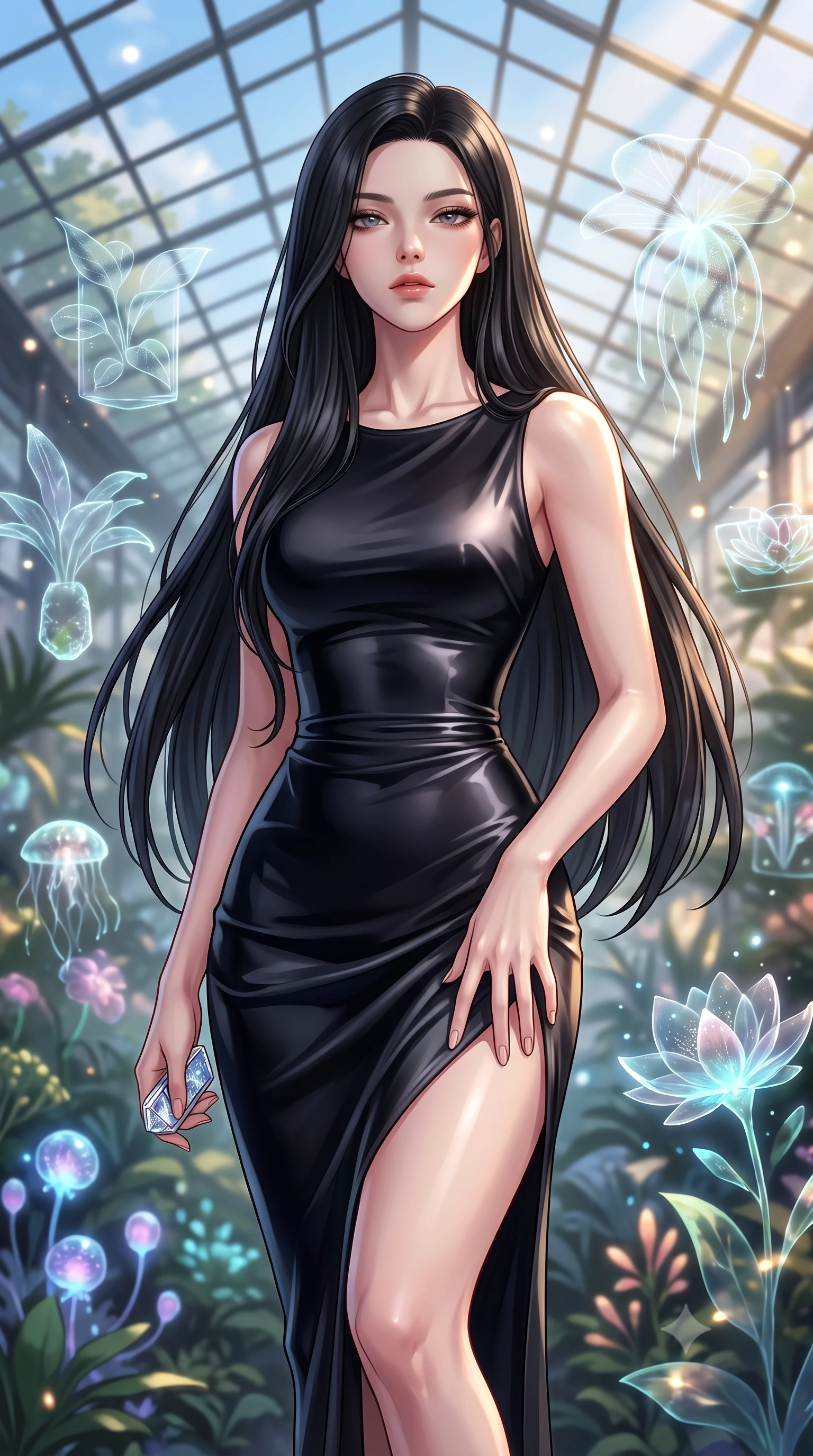 score_9, masterpiece, best quality, ultra-detailed, high-budget anime keyframe, editorial fashion photography, tasteful artistic composition, Korean woman woman. close-up cowboy shot from the waist and thighs up, the character dominates the composition, filling the frame with her large presence, background elements kept in soft focus. She has an exceptionally elegant, slender, and willowy female figure with an ultra-slim waist, a gracefully sculpted slender torso, and a refined silhouette. casting a slow, direct gaze beneath heavy lashes with magnetic intensity, flawlessly proportioned anatomical accuracy, natural body alignment, perfectly sculpted elegant limbs, clean dynamic posture without body distortion. set against a soft-focus background of a futuristic botanical pavilion with floating hologram plants. wearing a sleek obsidian liquid silk midi dress with a tight tailored waistline. bathed in dappled morning sunlight filtering through glass roof grid structures. highly saturated vibrant anime colors, detailed shading with soft gradients, rich glossy textures, high-contrast stereoscopic depth, volumetric dynamic lighting, master piece, 9:16 ratio