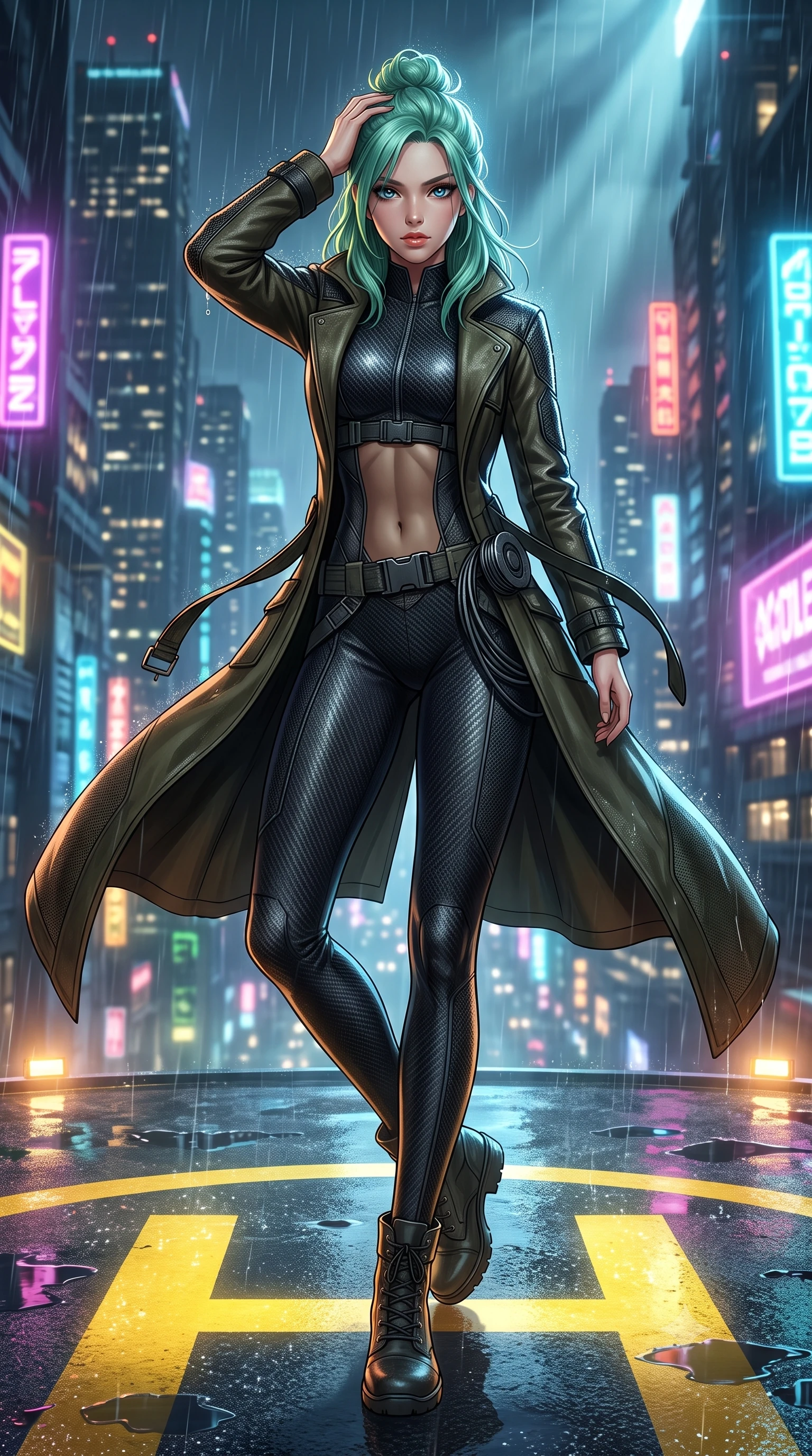 score_9, masterpiece, best quality, ultra-detailed, high-budget anime keyframe, semi-realistic 3D game render, editorial fashion photography, tasteful artistic composition, Japanese woman. low angle full-body shot from head to toe showing her feet, filling the entire 9:16 vertical frame with her statuesque presence, stretching her vertical silhouette. pivoting dynamically with supreme athletic balance and poise, her impossibly long slender legs creating a breathtaking line while standing resolute at the center of the illuminated yellow helipad circle, pushing wet hair from her forehead with a fierce gaze. The surrounding environment is rendered in vivid detail and crisp panoramic clarity. intense neo-noir chiaroscuro and atmospheric rain-soaked metropolis action aesthetics rendered with precision. She has an absolutely perfect, statuesque 8.5-heads proportion, an exceptionally tall and slender model-like female figure with impossibly long slender legs, a toned flat midriff, and an ultra-slim waist. sharp v-shaped jawline, high-bridge nose, intricate jewel-like eyes with depth, thick eyelashes, glossy lips with a natural sheen, captivating and magnetic expression, flawlessly proportioned anatomical accuracy, strict slender model proportions, natural body alignment, perfectly sculpted long slender limbs, ultra-slim waistline, clean dynamic posture without body distortion. wearing a second-skin dark carbon-weave infiltration catsuit paired with a tailored long leather trench coat in dark olive drab and tactical matte black, made of reinforced ripstop micro-mesh with thermal insulation lining, equipped with a grappling cable spool mechanism and tactical waist belt, the breezy yet form-flattering drape swaying gracefully with her steps, accentuating her long willowy limbs and slim waistline. surrounded by an indomitable, dangerous, and breathtakingly cinematic lone infiltration specialist aura. highly saturated vibrant anime colors, detailed shading with soft gradients, rich glossy textures, high-contrast stereoscopic depth, volumetric dynamic lighting, master piece, 9:16 ratio