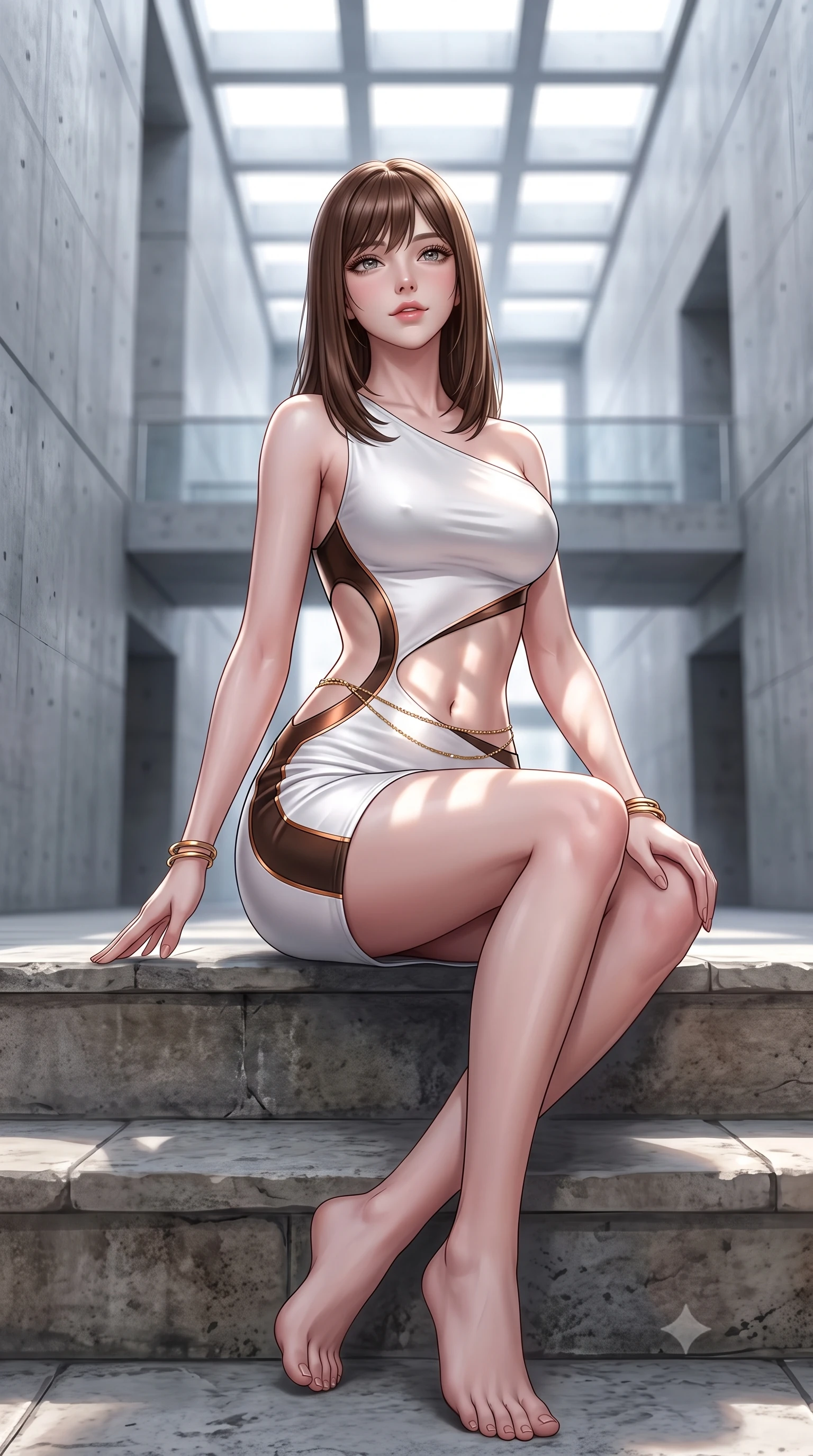 score_9, masterpiece, best quality, ultra-detailed, high-budget anime keyframe, semi-realistic 3D game render, editorial fashion photography, tasteful artistic composition, Korean woman. low angle full-body shot from head to toe showing her feet, filling the entire 9:16 vertical frame with her statuesque presence, stretching her vertical silhouette. sitting poised on the stone steps with one knee bent, arching her spine with supermodel elegance as she glances upward through thick eyelashes while twisting her slender torso in an alluring contrapposto stance, geometric sunlight beams cutting across her flat midriff and curvy hips. The background shows a soft-focus monumental board-formed concrete walls, floating architectural bridges, and geometric skylight grids blurred into cool grey, white, and platinum bokeh. She has an absolutely perfect, statuesque 8.5-heads proportion, an exceptionally tall and slender model-like female figure with impossibly long slender legs, an ultra-slim waist, a flat toned midriff, narrow delicate ribcage, and beautifully sculpted feminine hips creating a graceful, slim hourglass silhouette without any bulky heaviness. sharp v-shaped jawline, high-bridge nose, sparkling eyes with hypnotic seductive depth, thick curled eyelashes, glossy parted lips with a natural dewy peach sheen, alluring bedroom-eyes with an enchanting coquettish smile, exuding magnetic siren charisma and sophisticated glamour, flawlessly proportioned anatomical accuracy, strict slender model proportions, natural body alignment, perfectly sculpted long slender limbs, ultra-slim waistline, clean dynamic posture without body distortion. wearing an asymmetric one-shoulder white neoprene mini dress with sharp laser-cut side openings framing her spine and hips in sultry espresso bronze and metallic copper with velvet sheen, crafted from fluid liquid silk satin that clings smoothly to every curve with a dewy sheen, accented with a dainty gold belly chain resting across her flat midriff and curving hips, the form-contouring silhouette accentuating her sculpted flat midriff, narrow delicate ribcage, and gracefully curvy hips with intoxicating allure. illuminated by white floor bounce fill and sharp platinum rim lights sculpting her razor-sharp jawline, narrow waist, and curvy hips. highly saturated vibrant anime colors, detailed shading with soft gradients, rich glossy textures, high-contrast stereoscopic depth, volumetric dynamic lighting, master piece, 9:16 ratio