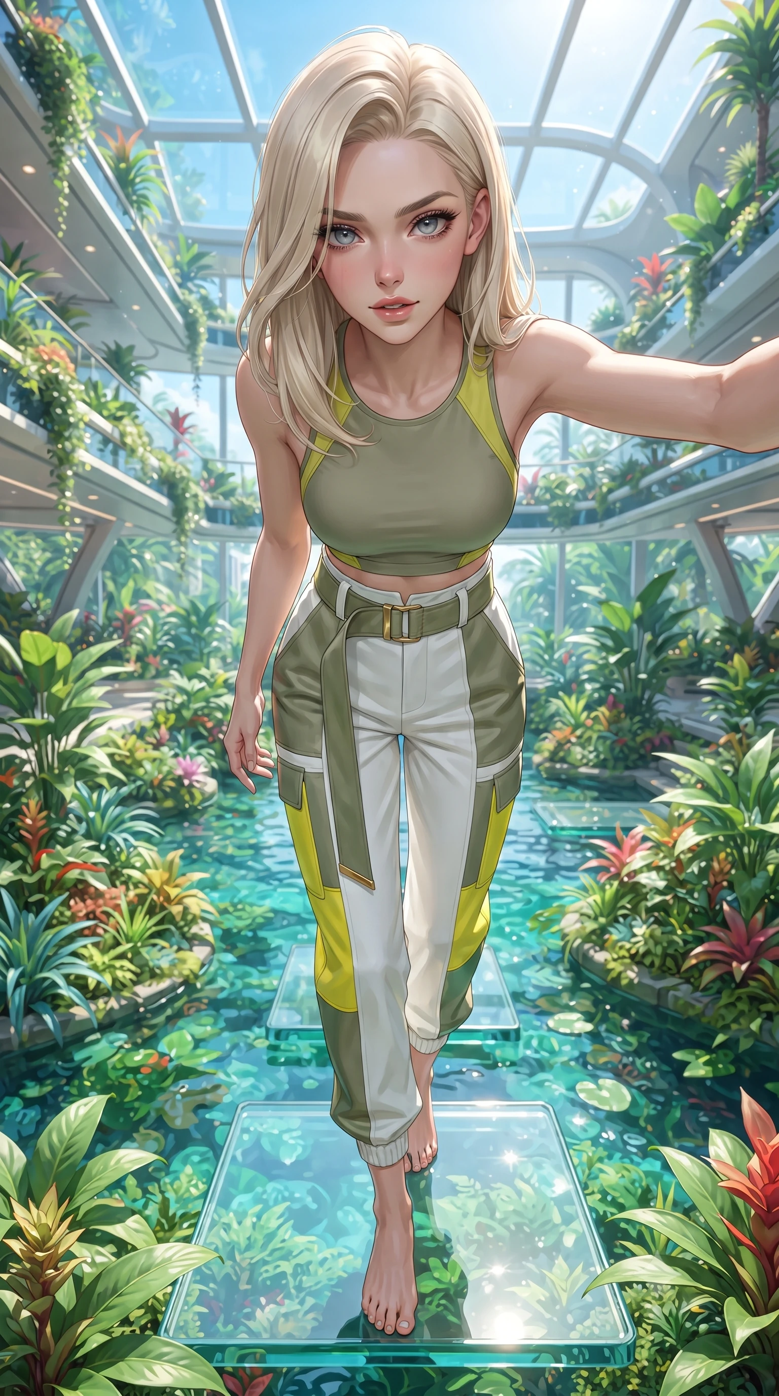 score_9, masterpiece, best quality, ultra-detailed, high-budget anime keyframe, editorial fashion photography, tasteful artistic composition, Caucasian woman. close-up cowboy shot from the waist and thighs up, the character dominates the composition, filling the frame with her large presence. leaning forward toward the camera with playful, breathtaking intimacy, eyes locked onto the viewer with irresistible charisma while standing poised on a floating glass stepping stone above the emerald biosphere, displaying her flawless slender proportions. The surrounding environment is rendered in vivid detail and crisp panoramic clarity. sparkling high-key natural chiaroscuro and luxury high-altitude botanical architecture in precision. She has an exceptionally elegant, slender, and willowy female figure with an ultra-slim waist, a gracefully sculpted slender torso, toned flat midriff, and a refined slim silhouette. sharp v-shaped jawline, high-bridge nose, intricate jewel-like eyes with depth, thick eyelashes, glossy parted lips with a natural sheen, intensely captivating and seductive expression, flawlessly proportioned anatomical accuracy, strict slender model proportions, natural body alignment, perfectly sculpted long slender limbs, ultra-slim waistline, clean dynamic posture without body distortion. wearing an aerodynamic eco-chic racerback crop tank with high-waisted white utility trousers in olive leaf green and bright solar yellow, woven from fine organic mulberry silk with metallic gold thread, accented with a wide sash belt cinching her impossibly narrow waist, the relaxed yet flattering fit accentuating her naturally graceful and slender figure, highlighting her tall statuesque proportions. bathed in midday azure skylight and shimmering pool water caustic bounce lights. ultra-reflective glossy finish, specular highlights, rich textural contrasts, high-contrast stereoscopic depth, volumetric dynamic lighting, 2k, ultra detail, master piece, 9:16 ratio