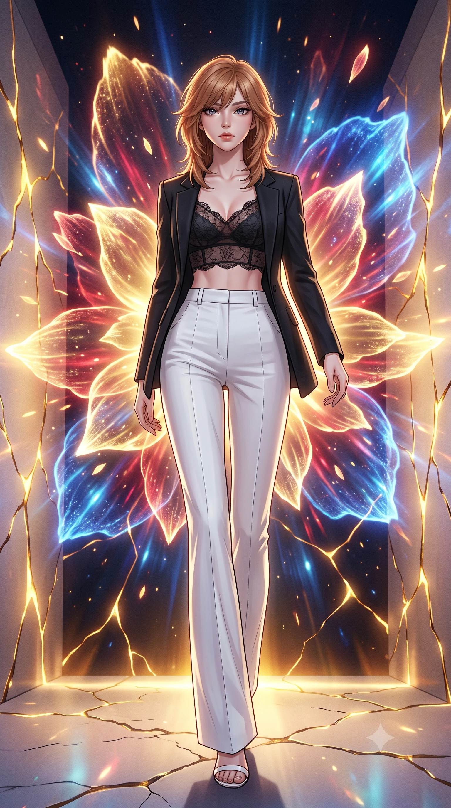 score_9, masterpiece, best quality, ultra-detailed, high-budget anime keyframe, editorial fashion photography, tasteful artistic composition, Korean woman. low angle full-body shot from head to toe showing her feet, filling the entire 9:16 vertical frame with her statuesque presence, stretching her vertical silhouette. navigating with fluid motion through witnessing the controlled explosion of a dying star whose energy releases in breathtaking slow-motion petals of pure light each layer peeling away in expanding shells of gold crimson and electric blue. She has a statuesque 8.5-heads proportion, an exceptionally tall, slender and willowy model-like build with impossibly long legs and a highly sculpted ultra-slim waist. sharp v-shaped jawline, high-bridge nose, intricate jewel-like eyes with depth, thick eyelashes, glossy lips with a natural sheen. wearing a black blazer layered over a sheer lace crop top and high-waisted white wide-leg trousers. glowing kintsugi gold light radiating from cracks in the environment creating a majestic inner glow. 2k, ultra detail, master piece, 9:16 ratio