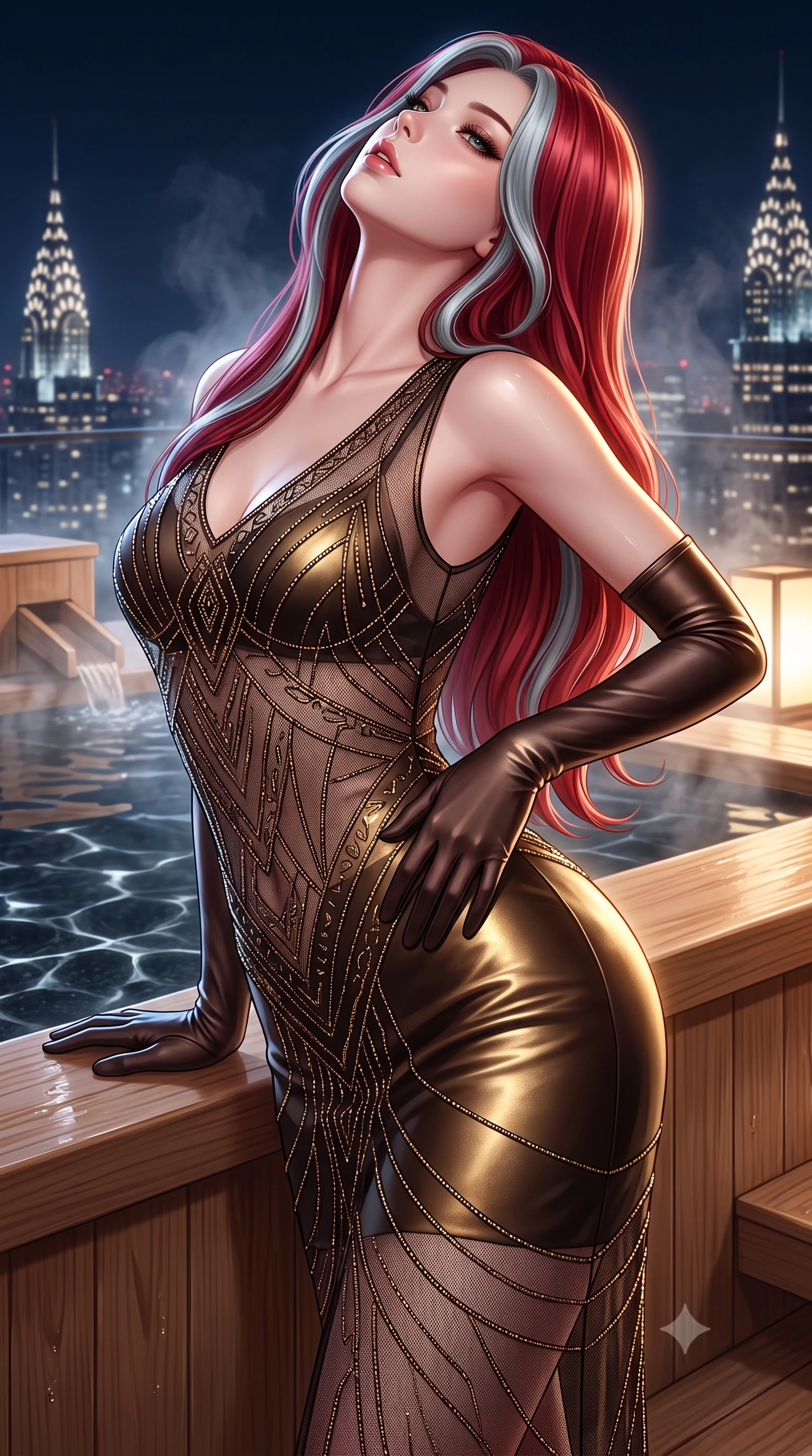 score_9, masterpiece, best quality, ultra-detailed, high-budget anime keyframe, semi-realistic 3D game render, editorial fashion photography, tasteful artistic composition, Caucasian woman. close-up cowboy shot from the waist and thighs up, the character dominates the composition, filling the frame with her large presence. arching her spine backward with effortless dancer poise, one hand sliding along her hip line as directional light carves specular highlights along her silhouette while leaning back against the smooth cedarwood onsen rim, tilting her head back toward the night sky with parted glossy lips in luxurious tranquility. The surrounding environment is rendered in vivid detail and crisp panoramic clarity. sharp black granite waterline caustics, wet hinoki wood grain, and distant skyscraper lattice spires in deep focus. She has an exceptionally elegant, slender, and willowy female figure with an ultra-slim waist, flat toned midriff, narrow ribcage, and sculpted feminine hips creating an alluring, slim hourglass silhouette without bulk. sharp v-shaped jawline, high-bridge nose, intricate jewel-like eyes with depth, thick eyelashes, glossy parted lips with a natural sheen, intensely captivating and seductive bedroom-eyes expression, flawlessly proportioned anatomical accuracy, strict slender model proportions, natural body alignment, perfectly sculpted long slender limbs, ultra-slim waistline, clean dynamic posture without body distortion. wearing a sheer vintage mesh flapper dress adorned with intricate geometric beadwork over an opaque silk slip in dark espresso brown and molten gold foil, formed from supple second-skin lambskin leather with specular sheen, accessorized with opera-length satin gloves and a vintage crystal glass, the glove-like aerodynamic silhouette tightly following the natural contour of her hips and long slender legs with statuesque 8.5-heads elegance. illuminated by rising steam backlights and city glow softly contouring her razor-sharp jawline, narrow waist, and curvy hips. highly saturated vibrant anime colors, detailed shading with soft gradients, rich glossy textures, high-contrast stereoscopic depth, volumetric dynamic lighting, master piece, 9:16 ratio