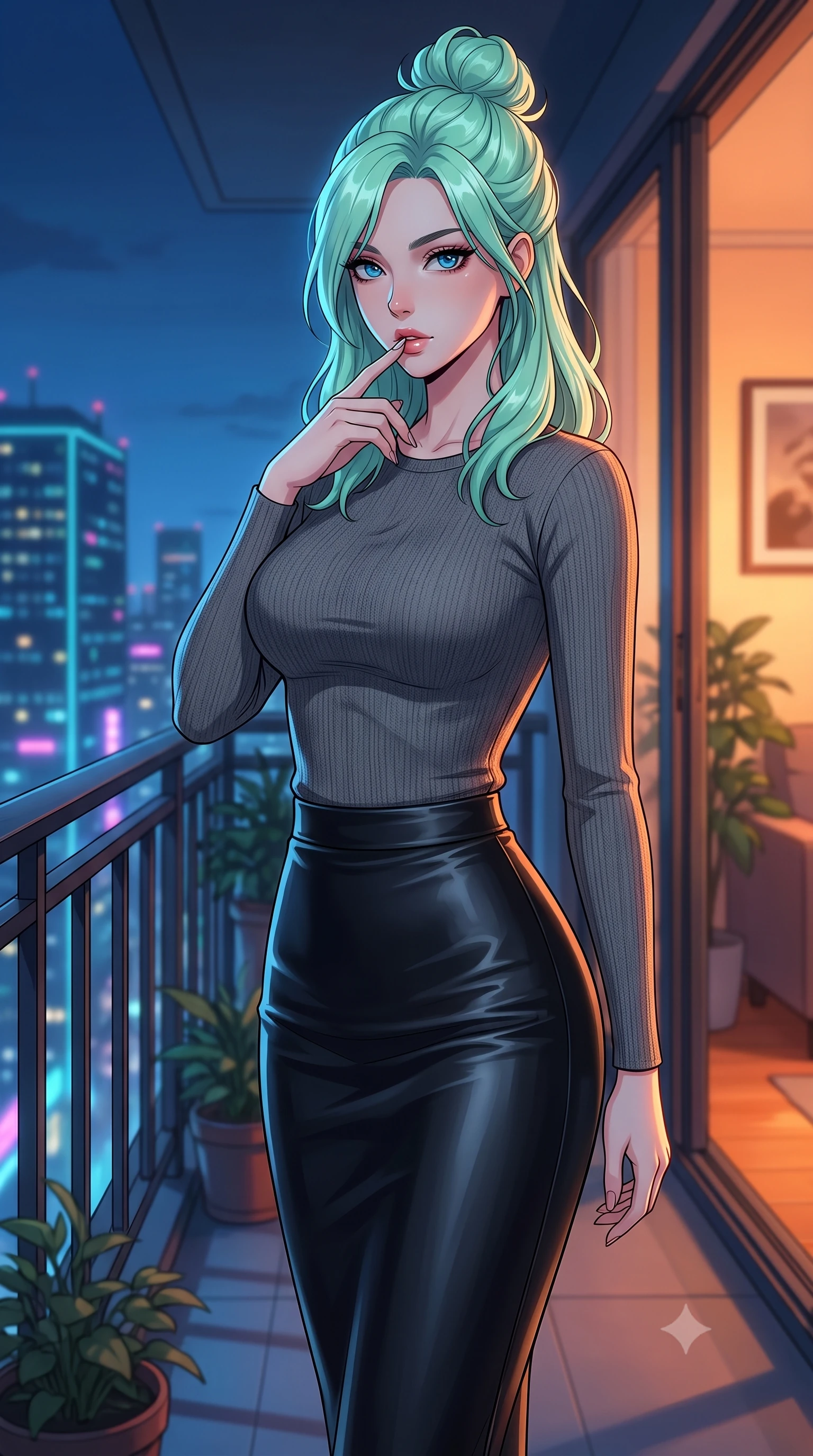 score_9, masterpiece, best quality, ultra-detailed, high-budget anime keyframe, tasteful artistic composition, Japanese woman. close-up cowboy shot from the waist and thighs up, the character dominates the composition, filling the frame with her large presence, background elements kept in soft focus. pressing one finger to her bottom lip in a thoughtful, seductive gesture under the warm sun the background shows a soft-focus a quiet high-rise balcony overlooking the neon grid after midnight. She has an exceptionally elegant, slender, and willowy female figure with an ultra-slim waist, a gracefully sculpted slender torso, and a refined silhouette. sharp v-shaped jawline, high-bridge nose, intricate jewel-like eyes with depth, thick eyelashes, glossy lips with a natural sheen. wearing a tailored body-hugging knit top in charcoal grey, paired with a tight-fitting leather midi skirt. cool blue ambient twilight light contrasting with a warm orange room light inside. highly saturated vibrant anime colors, cel-shading, 2d style, master piece, 9:16 ratio