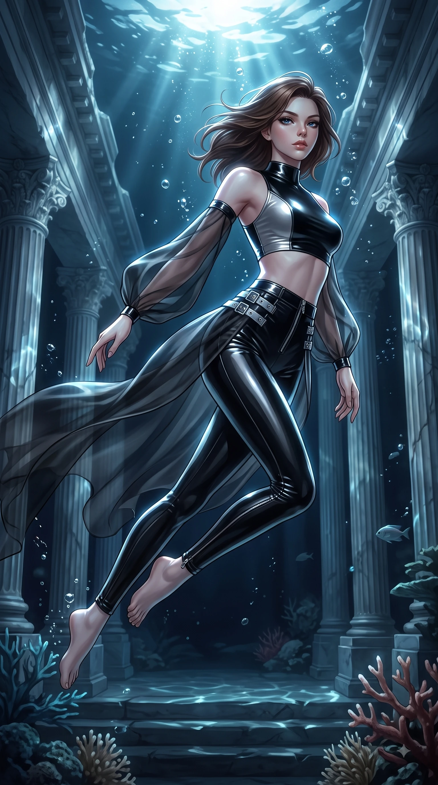 score_9, masterpiece, best quality, ultra-detailed, high-budget anime keyframe, editorial fashion photography, tasteful artistic composition, Korean woman. low angle full-body shot from head to toe showing her feet, filling the entire 9:16 vertical frame with her statuesque presence, stretching her vertical silhouette. stepping forward in a proud dynamic stride with an alluring waist tilt, her vertical silhouette filling the frame while swimming gracefully in an alluring underwater pose through a sunken marble colonnade, gentle ocean currents swaying her lightweight attire in fluid underwater motions. She has an absolutely perfect, statuesque 8.5-heads proportion, an exceptionally tall and slender model-like female figure with impossibly long slender legs and an ultra-slim waist. sharp v-shaped jawline, high-bridge nose, intricate jewel-like eyes with depth, thick eyelashes, glossy lips with a natural sheen, flawlessly proportioned anatomical accuracy, natural body alignment, perfectly sculpted elegant limbs, clean dynamic posture without body distortion. wearing a glossy vinyl crop top and high-waist tailored leggings with sleek zippers in matte black and polished silver, woven from fine semi-opaque sheer organza, detailed with polished silver buckles along the waistline, the sleek second-skin texture accentuating her magnetic presence. surrounded by a shimmering ocean aura with bright pearl-white specular rim lights. ultra-reflective glossy finish, specular highlights, metallic sheen, high-contrast stereoscopic depth, volumetric dynamic lighting, 2k, ultra detail, master piece, 9:16 ratio