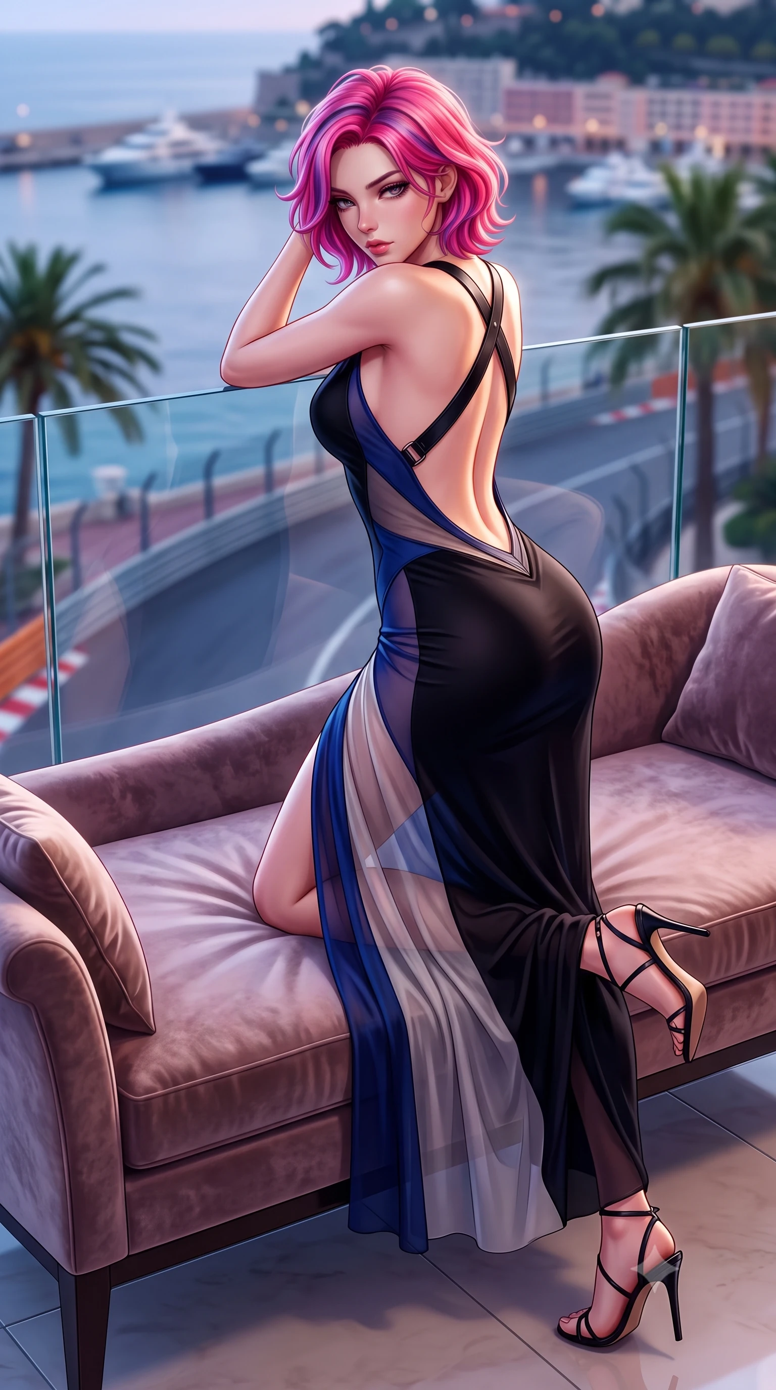 score_9, masterpiece, best quality, ultra-detailed, high-budget anime keyframe, semi-realistic 3D game render, editorial fashion photography, tasteful artistic composition, Caucasian woman. low angle full-body shot from head to toe showing her feet, filling the entire 9:16 vertical frame with her statuesque presence, stretching her vertical silhouette. reclining on her side in an elegant Cleopatra pose with one knee drawn up, the dramatic contour of her rounded hips and long slender legs commanding the 9:16 vertical frame while leaning against the glass penthouse terrace balustrade overlooking Monaco harbor, hips cocked back in a seductive high-fashion stance. The composition keeps background elements in soft focus with creamy bokeh. grand prix circuit barriers and terrace palm trees softened in glamorous shallow focus. She has an absolutely perfect, statuesque 8.5-heads proportion, an exceptionally tall and slender model-like female figure with impossibly long slender legs, a toned flat midriff, an ultra-slim waist, and beautifully sculpted feminine hips. sharp v-shaped jawline, high-bridge nose, intricate jewel-like eyes with depth, thick eyelashes, glossy parted lips with a natural sheen, intensely captivating and seductive bedroom-eyes expression, flawlessly proportioned anatomical accuracy, strict slender model proportions, natural body alignment, perfectly sculpted long slender limbs, ultra-slim waistline, clean dynamic posture without body distortion. wearing a second-skin black silk jersey maxi dress with asymmetrical sheer mesh side panels tracing the full curve of her hip in royal sapphire blue and brushed platinum, woven from layered gossamer chiffon with a weightless sweeping drape, featuring an open-back criss-cross harness strap in dark leather, the dramatically scooped open back descending to the base of her spine, accentuating her razor-sharp statuesque lines and curvy hourglass silhouette. surrounded by an elite, intoxicating, and irresistibly glamorous Monte Carlo heiress aura. highly saturated vibrant anime colors, detailed shading with soft gradients, rich glossy textures, high-contrast stereoscopic depth, volumetric dynamic lighting, master piece, 9:16 ratio