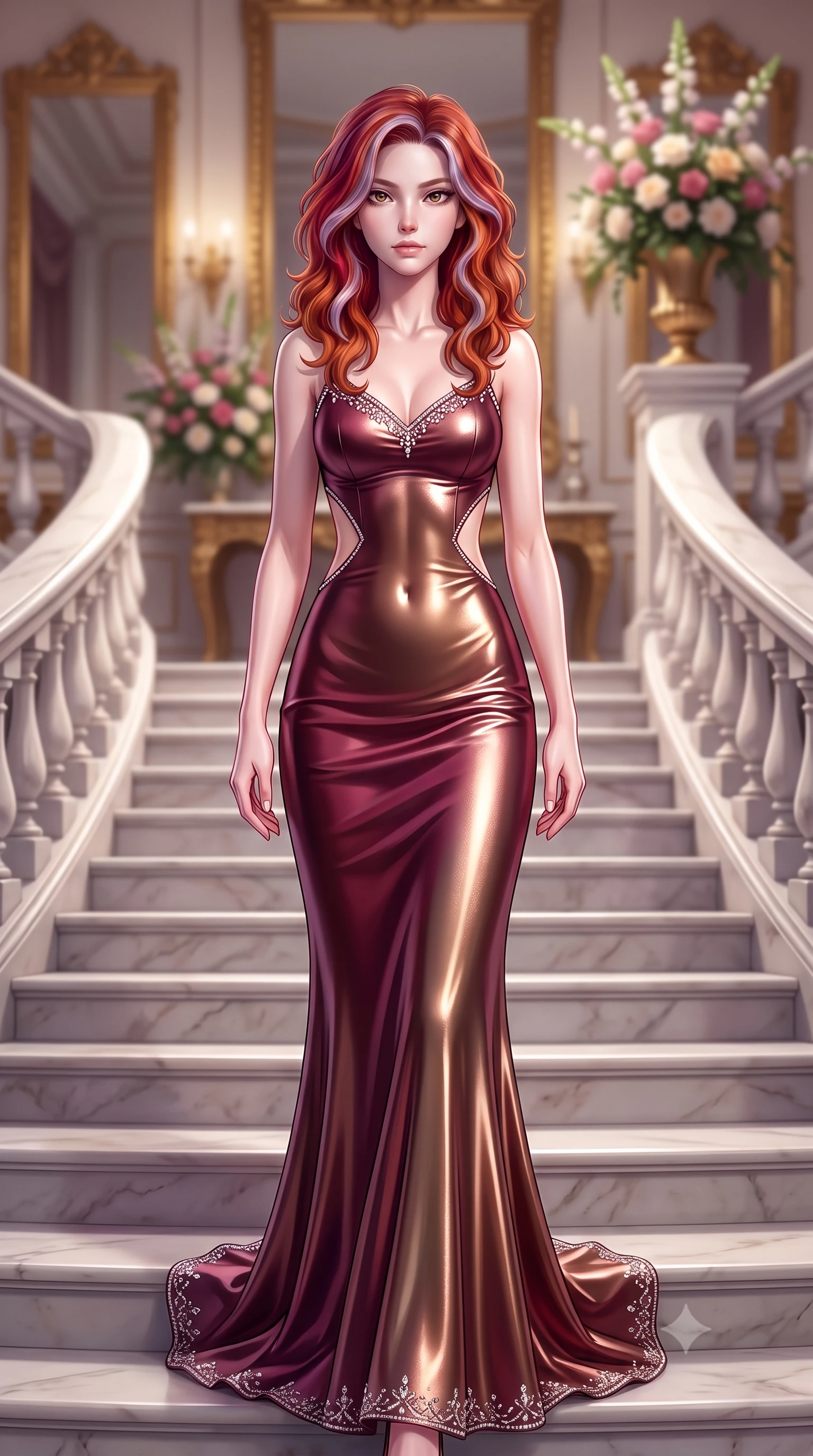 score_9, masterpiece, best quality, ultra-detailed, high-budget anime keyframe, semi-realistic 3D game render, editorial fashion photography, tasteful artistic composition, Caucasian woman. close-up cowboy shot from the waist and thighs up, the character dominates the composition, filling the frame with her large presence. holding her hands loosely in front with regal, aristocratic poise, radiating an overwhelming high-society aura while descending a sweeping imperial marble staircase with regal supermodel grace and fluid momentum. The composition keeps background elements in soft focus with creamy bokeh. gilded mirror reflections and towering floral centerpieces softened in glamorous shallow focus. She has an exceptionally elegant, slender, and willowy female figure with an ultra-slim waist, a gracefully sculpted slender torso, toned flat midriff, and a refined slim silhouette. sharp v-shaped jawline, high-bridge nose, intricate jewel-like eyes with depth, thick eyelashes, glossy lips with a natural sheen, captivating and magnetic expression, flawlessly proportioned anatomical accuracy, strict slender model proportions, natural body alignment, perfectly sculpted long slender limbs, ultra-slim waistline, clean dynamic posture without body distortion. wearing a sculpted metallic lamé evening dress with delicate side-waist diamond cutouts in rich wine burgundy and liquid bronze, tailored from ultra-smooth duchess satin with a pearlescent sheen, finished with delicate crystal embroidery along the neckline and hem, the form-contouring material adhering flawlessly to her sculpted flat midriff and slender torso, emphasizing her long leg lines and perfectly proportioned willowy build. illuminated by crisp specular highlights tracing her sculpted flat midriff, collarbones, and long legs. highly saturated vibrant anime colors, detailed shading with soft gradients, rich glossy textures, high-contrast stereoscopic depth, volumetric dynamic lighting, master piece, 9:16 ratio