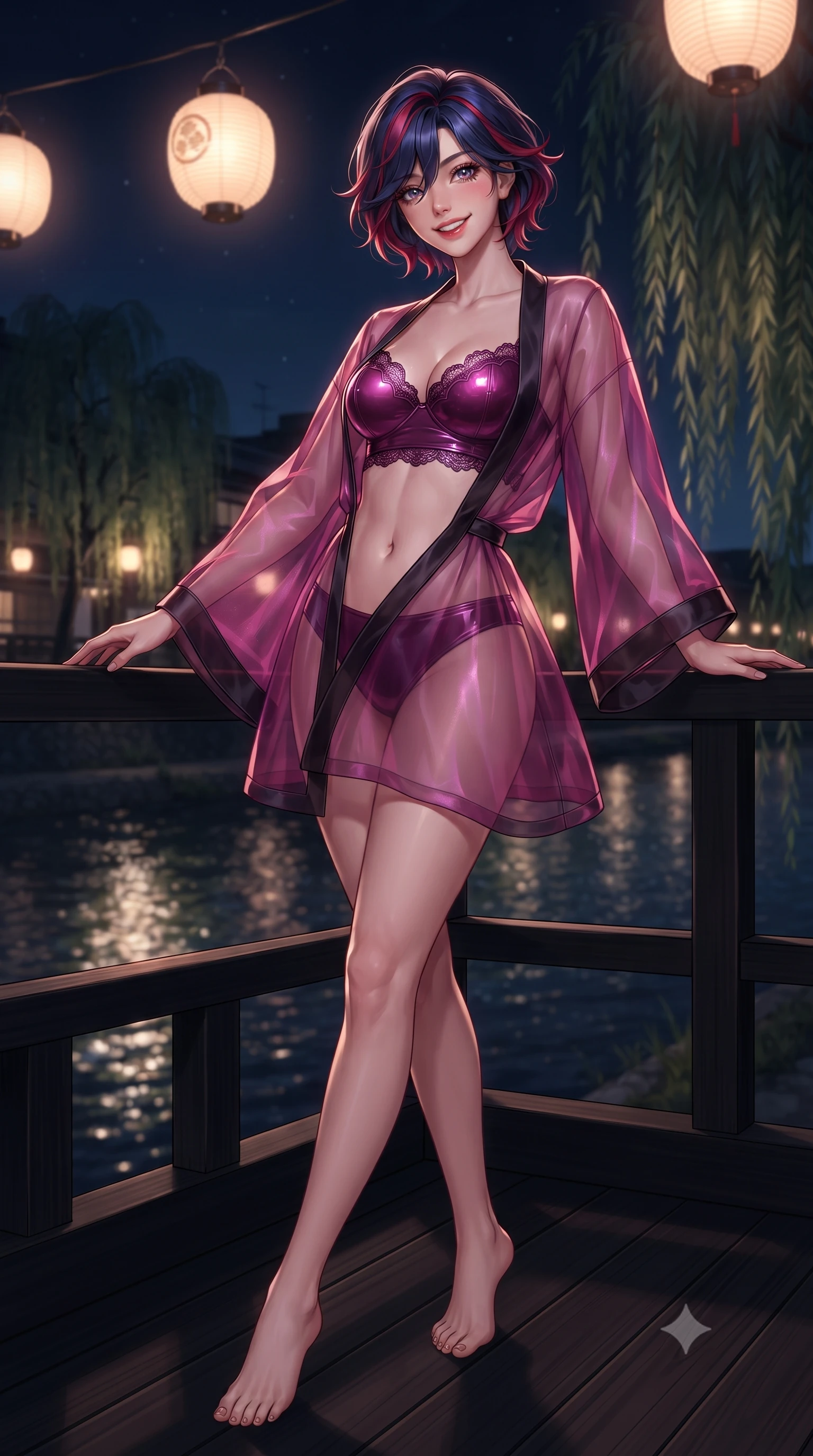 score_9, masterpiece, best quality, ultra-detailed, high-budget anime keyframe, editorial fashion photography, tasteful artistic composition, Korean woman. low angle full-body shot from head to toe showing her feet, filling the entire 9:16 vertical frame with her statuesque presence, stretching her vertical silhouette. lounging on the lavish daybed with legs crossed and hips angled toward the camera, displaying her toned midriff and long slender limbs with effortless siren poise while standing poised on the dark cedar balcony over the Kamogawa River, arching her lower back as nocturnal river breezes ripple through weeping willows. The background shows a soft-focus hanging paper lanterns softened in historic Kyoto riverfront nocturne shallow focus. She has an exceptionally tall and slender model-like 8.5-heads proportion, an ultra-slim waist, a flat toned midriff, narrow delicate ribcage, and beautifully sculpted feminine hips creating a graceful, slim hourglass silhouette without any bulky heaviness, with impossibly long slender legs. sharp v-shaped jawline, high-bridge nose, intricate jewel-like sparkling eyes with depth, thick eyelashes, glossy parted lips with a natural peach sheen, bright cheerful beaming smile with an enchanting and coquettish sensual glint, exuding both youthful cute charm and seductive allure, flawlessly proportioned anatomical accuracy, strict slender model proportions, natural body alignment, perfectly sculpted long slender limbs, ultra-slim waistline, clean dynamic posture without body distortion. wearing a modern sheer organza kimono dress with wide sleeves slipping gracefully off bare shoulders over a fitted bralette in Gangnam electric magenta noir and glossy onyx, crafted from translucent silk organza with an ethereal crystalline sheen, finished with scalloped eyelash lace trim framing her sweetheart neckline with intimate elegance, the form-contouring silhouette accentuating her sculpted flat midriff, narrow delicate ribcage, and gracefully curvy hips with intoxicating allure. illuminated by river water specular highlights and sharp rose-gold rim lights defining her razor-sharp jawline, narrow waist, and curvy hips. ultra-reflective glossy finish, specular highlights, rich textural contrasts, high-contrast stereoscopic depth, volumetric dynamic lighting, 2k, ultra detail, master piece, 9:16 ratio