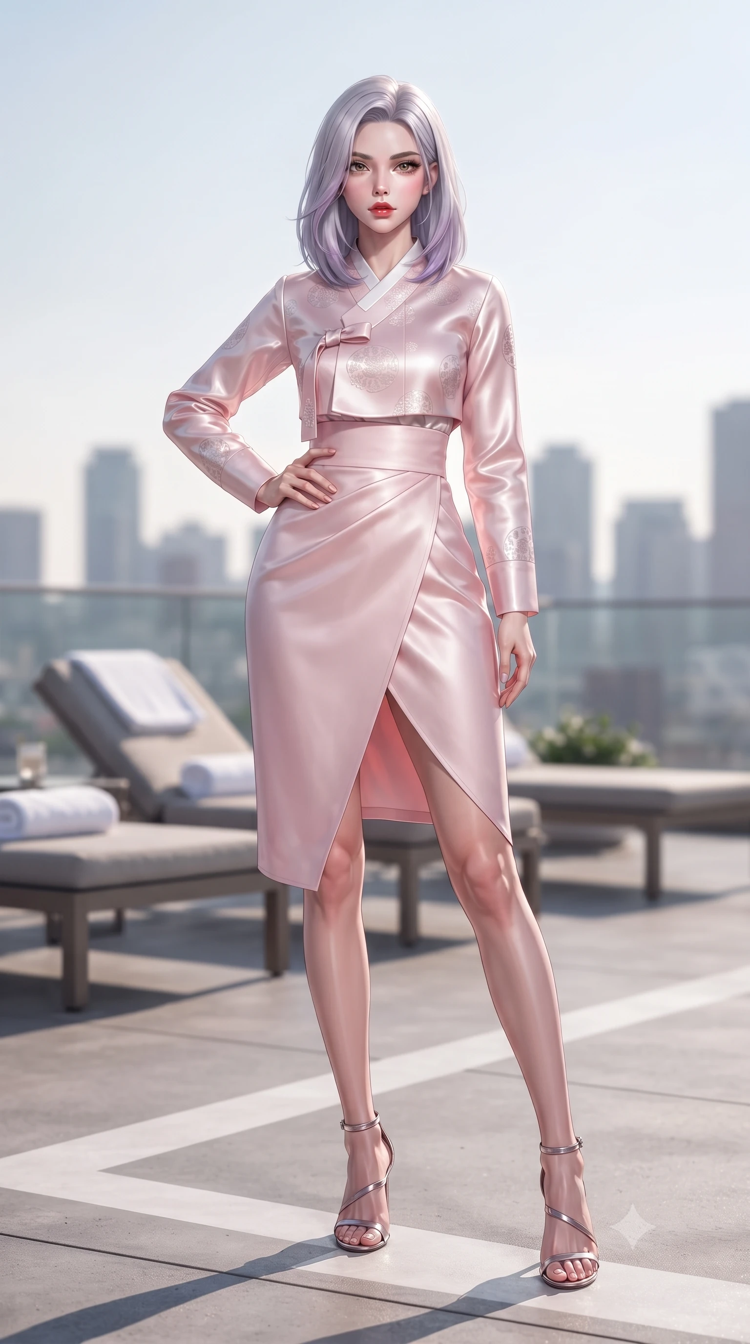 score_9, masterpiece, best quality, ultra-detailed, high-budget anime keyframe, editorial fashion photography, tasteful artistic composition, Caucasian woman. low angle full-body shot from head to toe showing her feet, filling the entire 9:16 vertical frame with her statuesque presence, stretching her vertical silhouette. posing confidently with one hand on her hip, stretching her statuesque body to emphasize her curves the background shows a soft-focus a rooftop helipad terrace with sunbeds and white towels, looking at city skyline. She has an absolutely perfect, statuesque 8.5-heads proportion, an exceptionally tall and slender model-like female figure with impossibly long slender legs and an ultra-slim waist. sharp v-shaped jawline, high-bridge nose, intricate jewel-like eyes with depth, thick eyelashes, glossy lips with a natural sheen. wearing a body-hugging modern fusion hanbok jeogori in light pink silk, paired with a high-waisted wrap skirt. bright afternoon sunbeams creating clean, sharp shadows on the concrete. ultra-reflective glossy finish, specular highlights, metallic sheen, high-contrast stereoscopic depth, volumetric dynamic lighting, 2k, ultra detail, master piece, 9:16 ratio