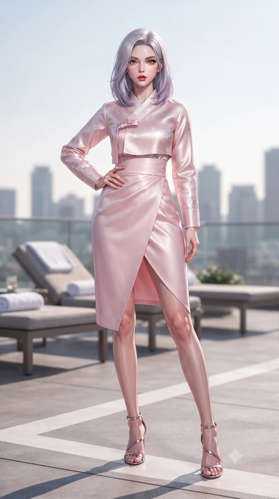 score_9, masterpiece, best quality, ultra-detailed, high-budget anime keyframe, editorial fashion photography, tasteful artistic composition, Caucasian woman. low angle full-body shot from head to toe showing her feet, filling the entire 9:16 vertica