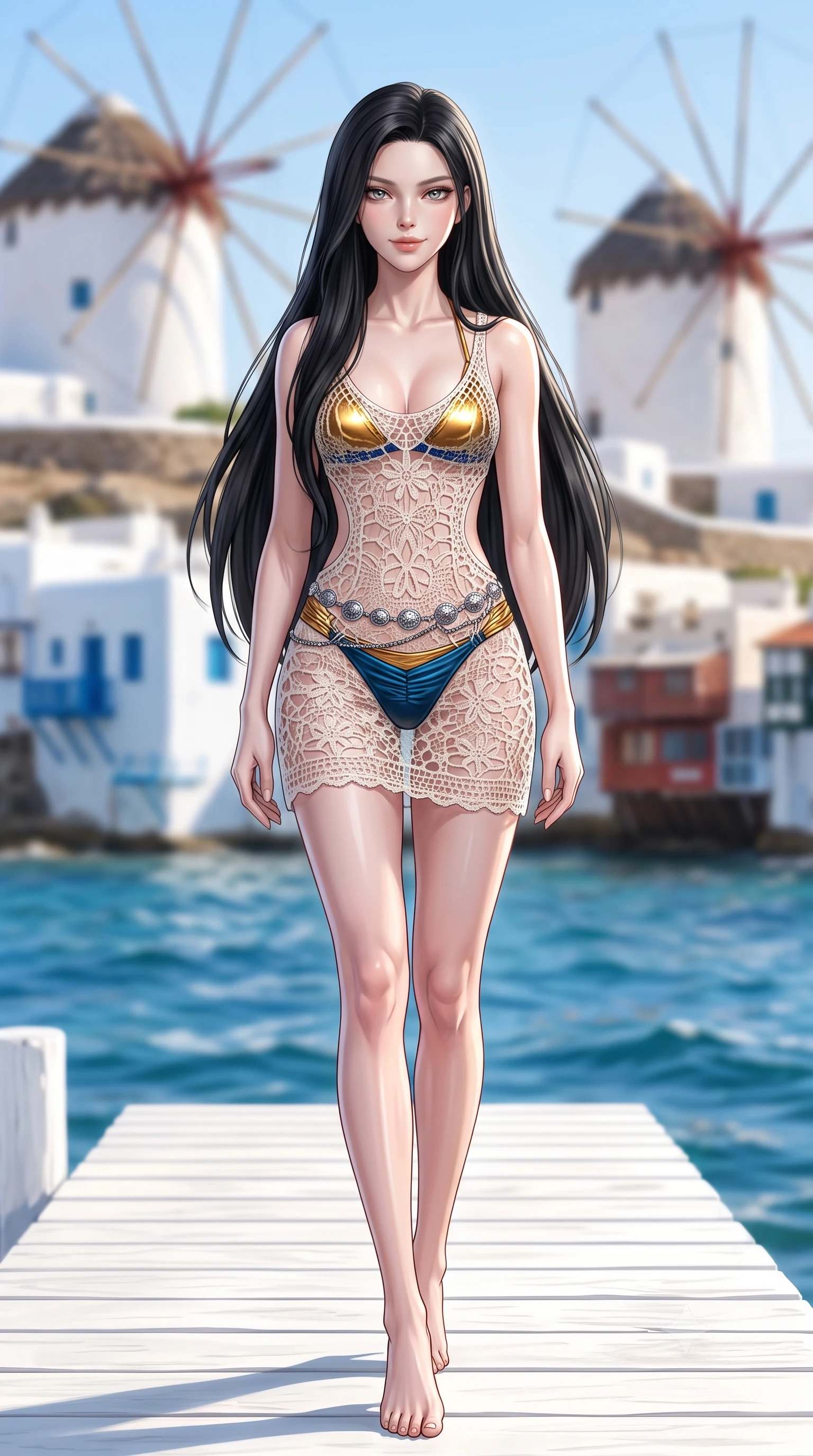 score_9, masterpiece, best quality, ultra-detailed, high-budget anime keyframe, semi-realistic 3D game render, editorial fashion photography, tasteful artistic composition, Korean woman. low angle full-body shot from head to toe showing her feet, filling the entire 9:16 vertical frame with her statuesque presence, stretching her vertical silhouette. stepping slowly toward the camera with hypnotic grace, hips swaying in an alluring sensual rhythm that accentuates her curvy hourglass silhouette and long slender legs while standing tall on the whitewashed boardwalk beside the historic windmills, arching her spine with effortless Aegean supermodel grace. The background shows a soft-focus iconic thatched-roof whitewashed windmills, Little Venice cliff houses, and sapphire waves blurred into pure white, cobalt, and gold bokeh. She has an absolutely perfect, statuesque 8.5-heads proportion, an exceptionally tall and slender model-like female figure with impossibly long slender legs, an ultra-slim waist, a flat toned midriff, narrow delicate ribcage, and beautifully sculpted feminine hips creating a graceful, slim hourglass silhouette without any bulky heaviness. sharp v-shaped jawline, high-bridge nose, sparkling eyes with hypnotic seductive depth, thick curled eyelashes, glossy parted lips with a natural dewy peach sheen, alluring bedroom-eyes with an enchanting coquettish smile, exuding magnetic siren charisma and sophisticated glamour, flawlessly proportioned anatomical accuracy, strict slender model proportions, natural body alignment, perfectly sculpted long slender limbs, ultra-slim waistline, clean dynamic posture without body distortion. wearing a delicate semi-sheer crochet knit beach slip dress worn over a metallic micro-bralette and ruched bikini briefs in molten liquid gold and deep ocean sapphire, made of delicate semi-sheer crochet lace with intricate openwork floral knit, accented with an intricate silver concho waist chain resting loosely on her curvy hips, the precision-cut side openings and low-back scoop framing her graceful spine and the sensual sweep of her slim, toned hips. illuminated by Aegean water reflection fill and sharp platinum rim lights sculpting her delicate clavicles, narrow waist, and curvy hips. highly saturated vibrant anime colors, detailed shading with soft gradients, rich glossy textures, high-contrast stereoscopic depth, volumetric dynamic lighting, master piece, 9:16 ratio
