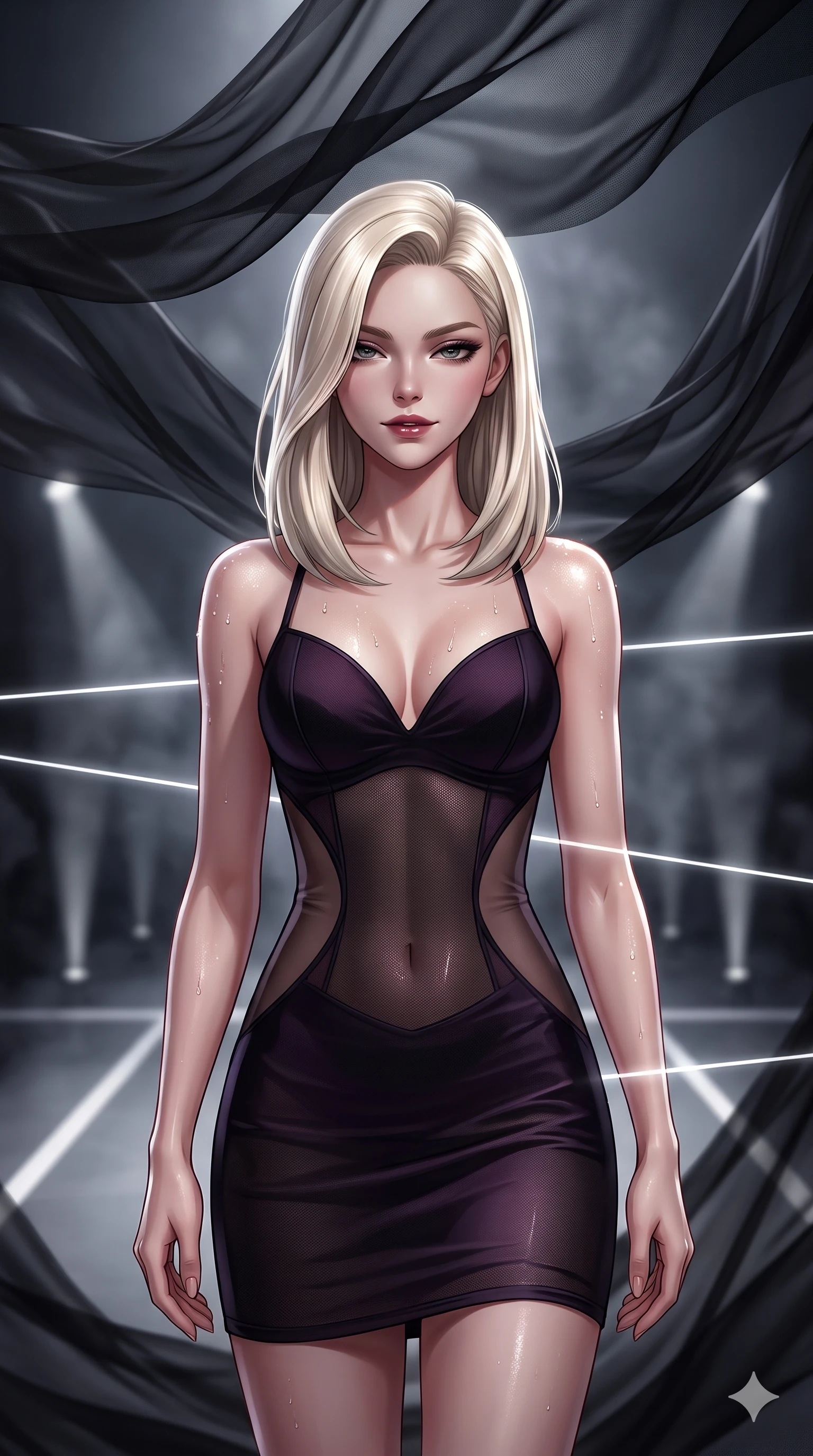 score_9, masterpiece, best quality, ultra-detailed, high-budget anime keyframe, semi-realistic 3D game render, editorial fashion photography, tasteful artistic composition, Caucasian woman. close-up cowboy shot from the waist and thighs up, the character dominates the composition, filling the frame with her large presence. looking down with lowered lashes and a composed, powerful dark aura, her tailored outfit tracing her curves while standing beneath soaring suspended waves of translucent black silk, looking into the lens with an air of effortless superiority and dark allure. The background shows a soft-focus undulating black silk fabric waves suspended in mid-air, distant architectural spotlight cones, and white floor lines blurred into smoky charcoal and obsidian bokeh. She has an exceptionally elegant, slender, and willowy female figure with an ultra-slim waist, flat toned midriff, narrow ribcage, and sculpted feminine hips creating an alluring, slim hourglass silhouette without bulk. sharp v-shaped jawline, high-bridge nose, intricate jewel-like dark sparkling eyes with hypnotic seductive depth, thick curled eyelashes, glossy parted lips with a natural wine sheen, alluring bedroom-eyes with an enigmatic smoldering smile, exuding magnetic sovereign charisma and dark avant-garde glamour, flawlessly proportioned anatomical accuracy, strict slender model proportions, natural body alignment, perfectly sculpted long slender limbs, ultra-slim waistline, clean dynamic posture without body distortion. wearing an alluring plunging sweetheart bodice dress with sheer mesh side-waist cutouts contouring her ribs in obsidian black and dark plum violet, crafted from fine dark contouring mesh with sheer geometric transparency, finished with glistening moisture droplets beading across her sculpted shoulders and flat midriff, contouring every curve with an exceptionally elegant silhouette and captivating allure. bathed in razor-thin horizontal white laser sheets slicing through billowing black silk. highly saturated vibrant anime colors, detailed shading with soft gradients, rich glossy textures, high-contrast stereoscopic depth, volumetric dynamic lighting, master piece, 9:16 ratio