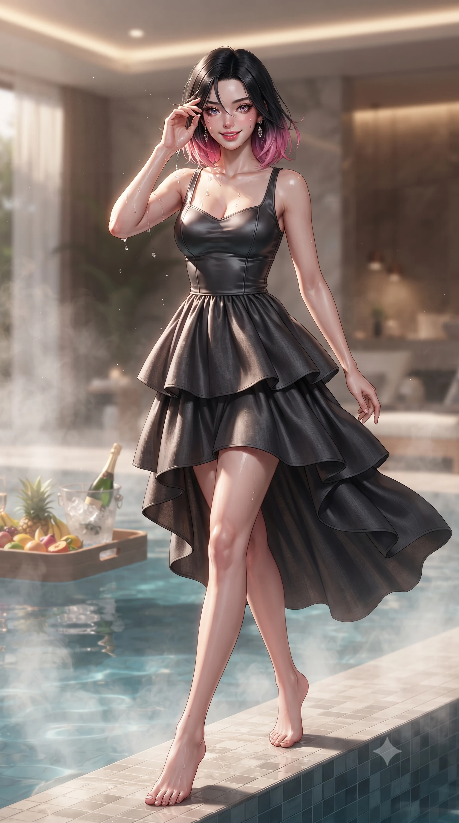 score_9, masterpiece, best quality, ultra-detailed, high-budget anime keyframe, editorial fashion photography, tasteful artistic composition, Korean woman. low angle full-body shot from head to toe showing her feet, filling the entire 9:16 vertical frame with her statuesque presence, stretching her vertical silhouette. stepping forward from the steamy pool edge, wiping away water droplets with a playful and sensual smile set against a soft-focus background of inside an exclusive vanity suite with a floating pool tray of tropical fruits and chilled wine in soft focus. She has an absolutely perfect, statuesque 8.5-heads proportion, an exceptionally tall and slender model-like female figure with impossibly long slender legs and an ultra-slim waist. sharp v-shaped jawline, high-bridge nose, intricate jewel-like eyes with depth, thick eyelashes, glossy lips with a natural sheen. wearing form-contouring charcoal liquid satin flowy linen sundress with a comfortable tiered skirt silhouette featuring refined tailored seams. accented by a single dramatic key light highlighting her statuesque posture and slim waist. ultra-reflective glossy finish, specular highlights, metallic sheen, high-contrast stereoscopic depth, volumetric dynamic lighting, 2k, ultra detail, master piece, 9:16 ratio