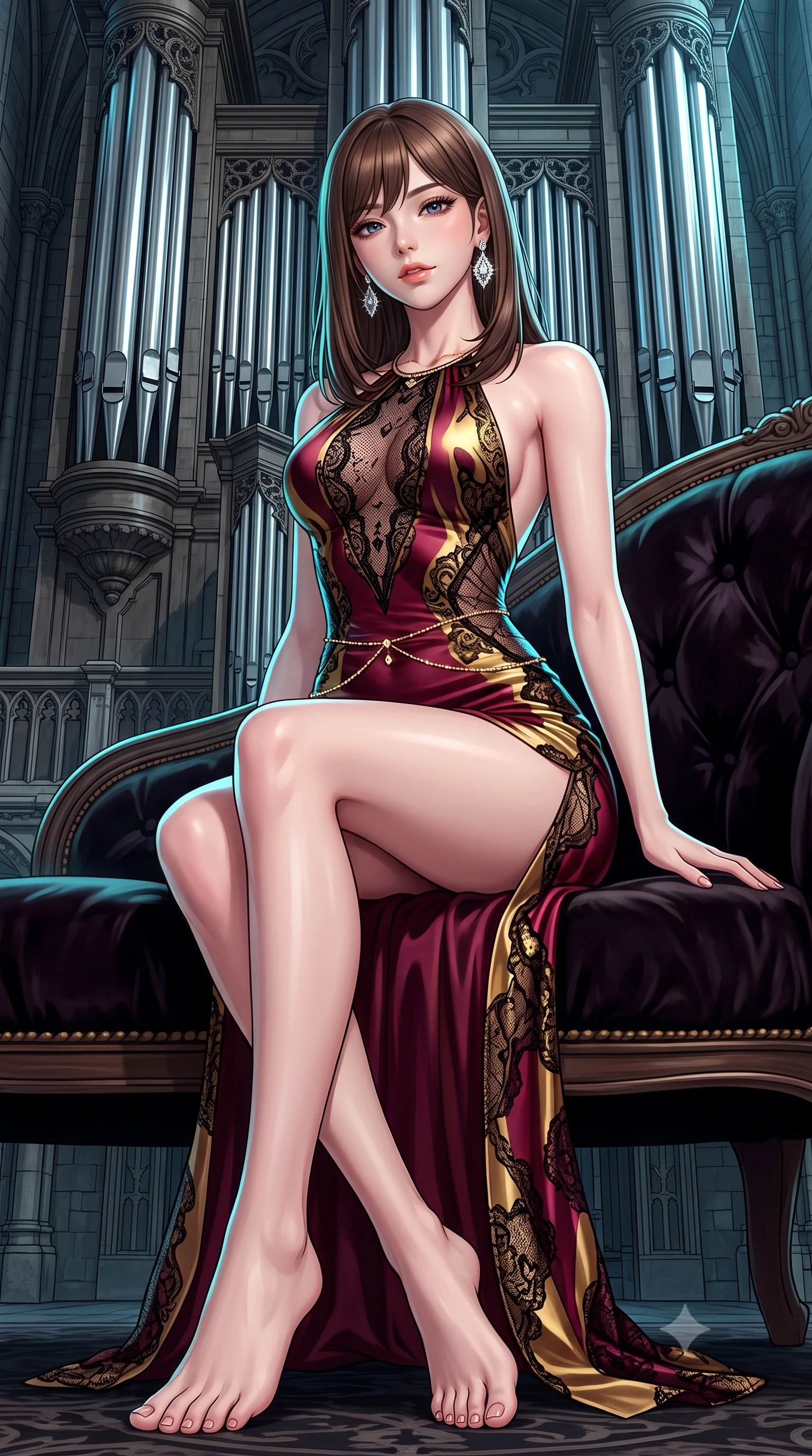 score_9, masterpiece, best quality, ultra-detailed, high-budget anime keyframe, semi-realistic 3D game render, editorial fashion photography, tasteful artistic composition, Korean woman. low angle full-body shot from head to toe showing her feet, filling the entire 9:16 vertical frame with her statuesque presence, stretching her vertical silhouette. lounging on the lavish daybed with legs crossed and hips angled toward the camera, displaying her toned midriff and long slender limbs with effortless siren poise while standing poised on the organ gallery loft before the massive polished tin pipes, arching her back with dramatic gothic opera glamour. The surrounding environment is rendered in vivid detail and crisp panoramic clarity: detailed sheer mesh lace leotard weave, sparkling diamond earrings, and monumental gothic masonry in razor-sharp precision. She has an absolutely perfect, statuesque 8.5-heads proportion, an exceptionally tall and slender model-like female figure with impossibly long slender legs, an ultra-slim waist, a flat toned midriff, narrow delicate ribcage, and beautifully sculpted feminine hips creating a graceful, slim hourglass silhouette without any bulky heaviness. sharp v-shaped jawline, high-bridge nose, sparkling eyes with hypnotic seductive depth, thick curled eyelashes, glossy parted lips with a natural dewy peach sheen, alluring bedroom-eyes with an enchanting coquettish smile, exuding magnetic siren charisma and sophisticated glamour, flawlessly proportioned anatomical accuracy, strict slender model proportions, natural body alignment, perfectly sculpted long slender limbs, ultra-slim waistline, clean dynamic posture without body distortion. wearing a slinky backless halterneck column mini dress clinging like a second skin with deep geometric side slits in smoldering bordeaux wine and liquid gold with black chantilly lace, crafted from fluid liquid silk satin that clings smoothly to every curve with a dewy sheen, accented with a dainty gold belly chain resting across her flat midriff and curving hips, the liquid-tight tailored fabric clinging flawlessly to her narrow waist and rounded feminine hips, emphasizing every millimeter of her sculpted slim hourglass curves without any bulky heaviness. illuminated by tin pipe specular reflections and sharp electric-cyan rim lights sculpting her jawline, narrow waist, and curvy hips. highly saturated vibrant anime colors, detailed shading with soft gradients, rich glossy textures, high-contrast stereoscopic depth, volumetric dynamic lighting, master piece, 9:16 ratio