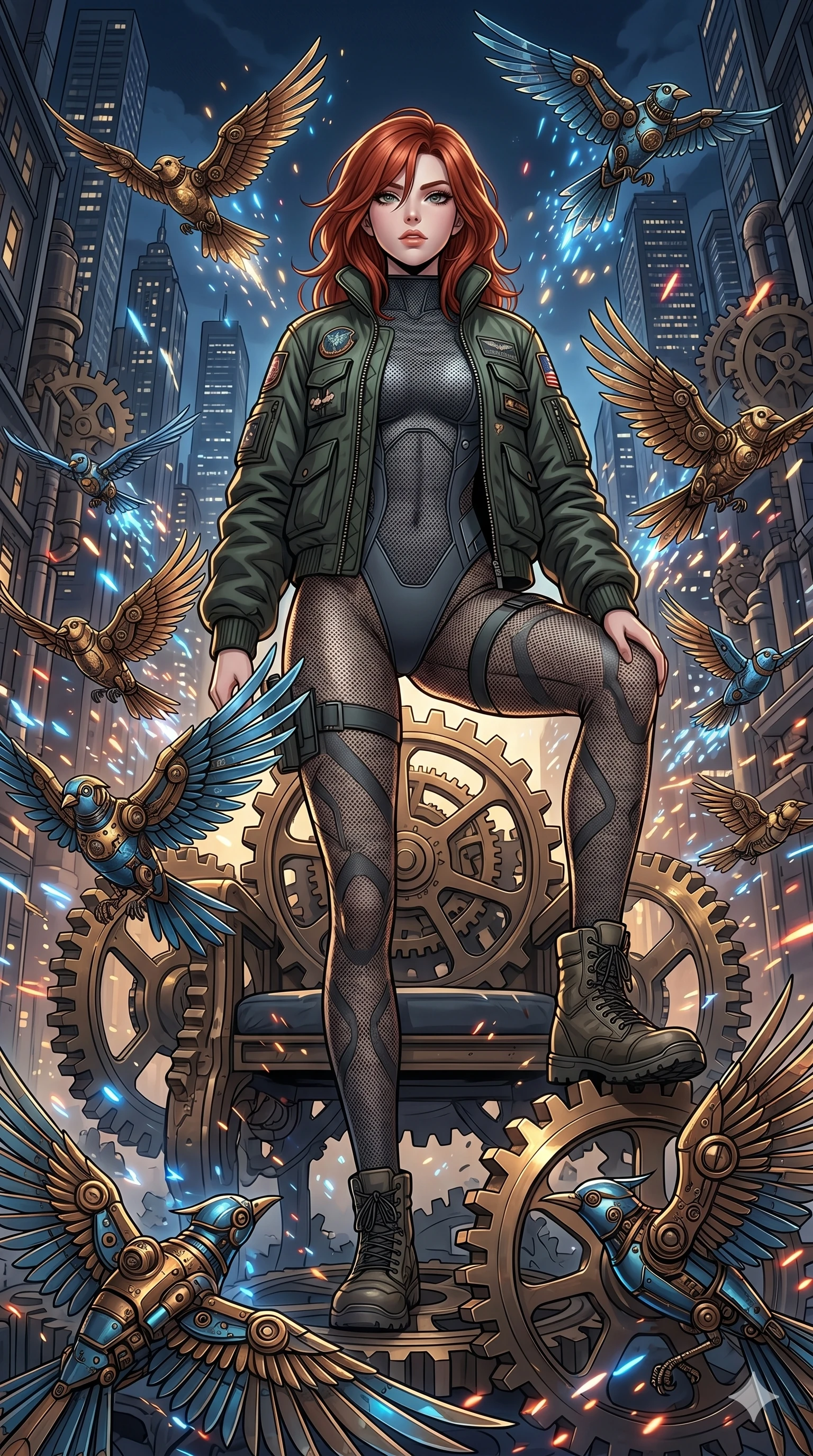 score_9, masterpiece, best quality, ultra-detailed, Set A: High-budget Anime Keyframe, Caucasian (strictly human ears) woman. Low angle cowboy shot filling the entire 9:16 frame with her statuesque presence. Standing victoriously through a throne of gears, surrounded by a whirlwind of 292 mechanical birds and surrounded by glowing energy sparks. She has an absolutely perfect 8-heads proportion, an exceptionally tall and slender female figure with impossibly long slender legs and an ultra-slim waist. Sharp v-shaped jawline, high-bridge nose, intricate jewel-like eyes with depth, thick eyelashes, glossy lips with a natural sheen. Wearing Heavy tactical bomber jacket worn over a micro-bodysuit with mesh stockings. Cinematic lighting, vibrant colors, dramatic shadows, 2k, ultra detail, master piece, 9:16 ratio
