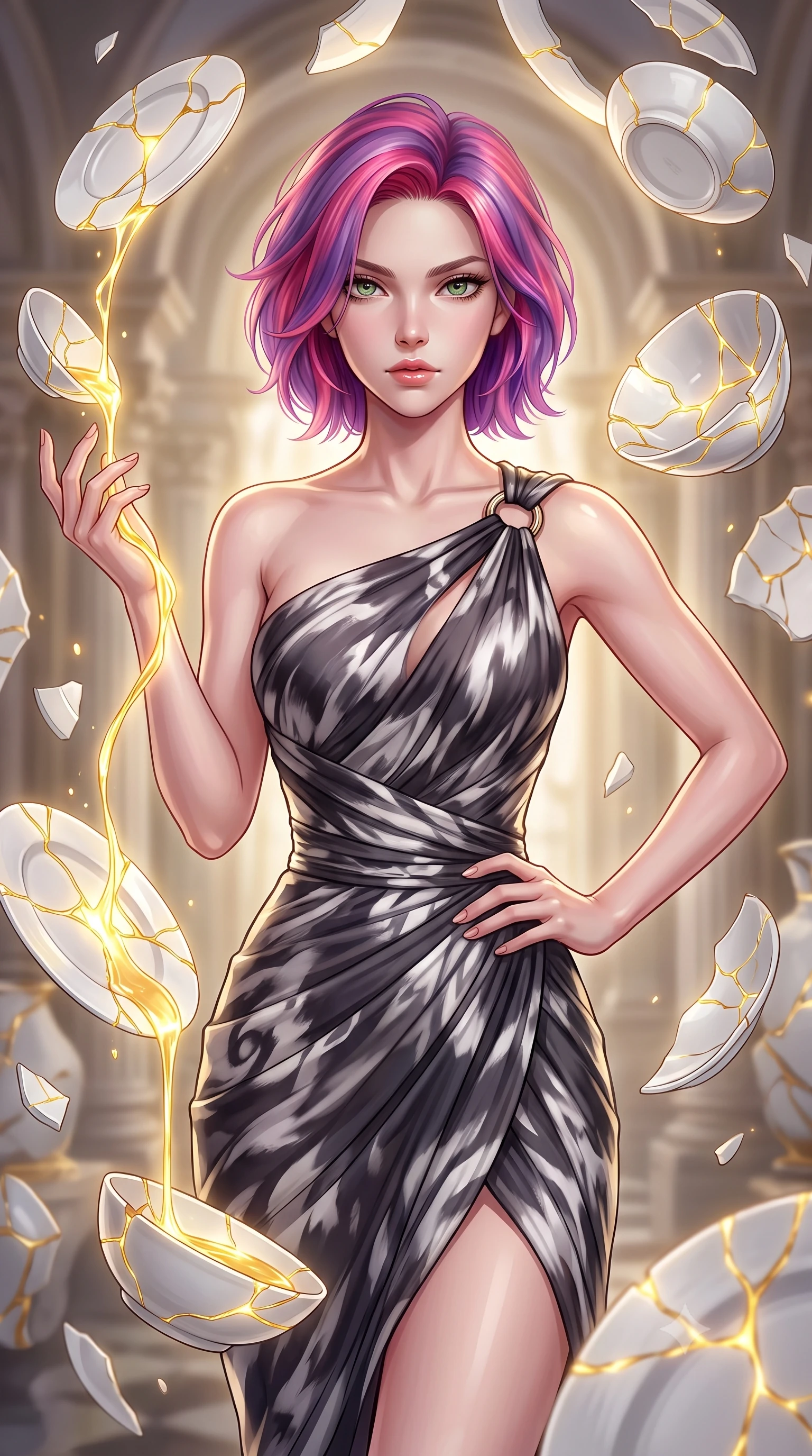 score_9, masterpiece, best quality, ultra-detailed, high-budget anime keyframe, editorial fashion photography, tasteful artistic composition, Caucasian woman. close-up cowboy shot from the waist and thighs up, the character dominates the composition, filling the frame with her large presence, background elements kept in soft focus. Holding a confident power pose with one hand on her hip, gazing directly into the camera with quiet intensity guiding a stream of liquid gold connecting broken white porcelain plates, luminous gold kintsugi lines glowing with intense golden inner light. She has an exceptionally elegant, slender, and willowy female figure with an ultra-slim waist, a gracefully sculpted slender torso, and a refined silhouette. sharp v-shaped jawline, high-bridge nose, intricate jewel-like eyes with depth, thick eyelashes, glossy lips with a natural sheen. wearing an elegant Grecian draped chiffon gown with an asymmetrical shoulder strap and ring detail, the glove-like fit emphasizing her statuesque silhouette. bathed in radiant golden kintsugi light radiating from ceramic cracks. highly saturated vibrant anime colors, detailed shading with soft gradients, rich glossy textures, high-contrast stereoscopic depth, volumetric dynamic lighting, master piece, 9:16 ratio