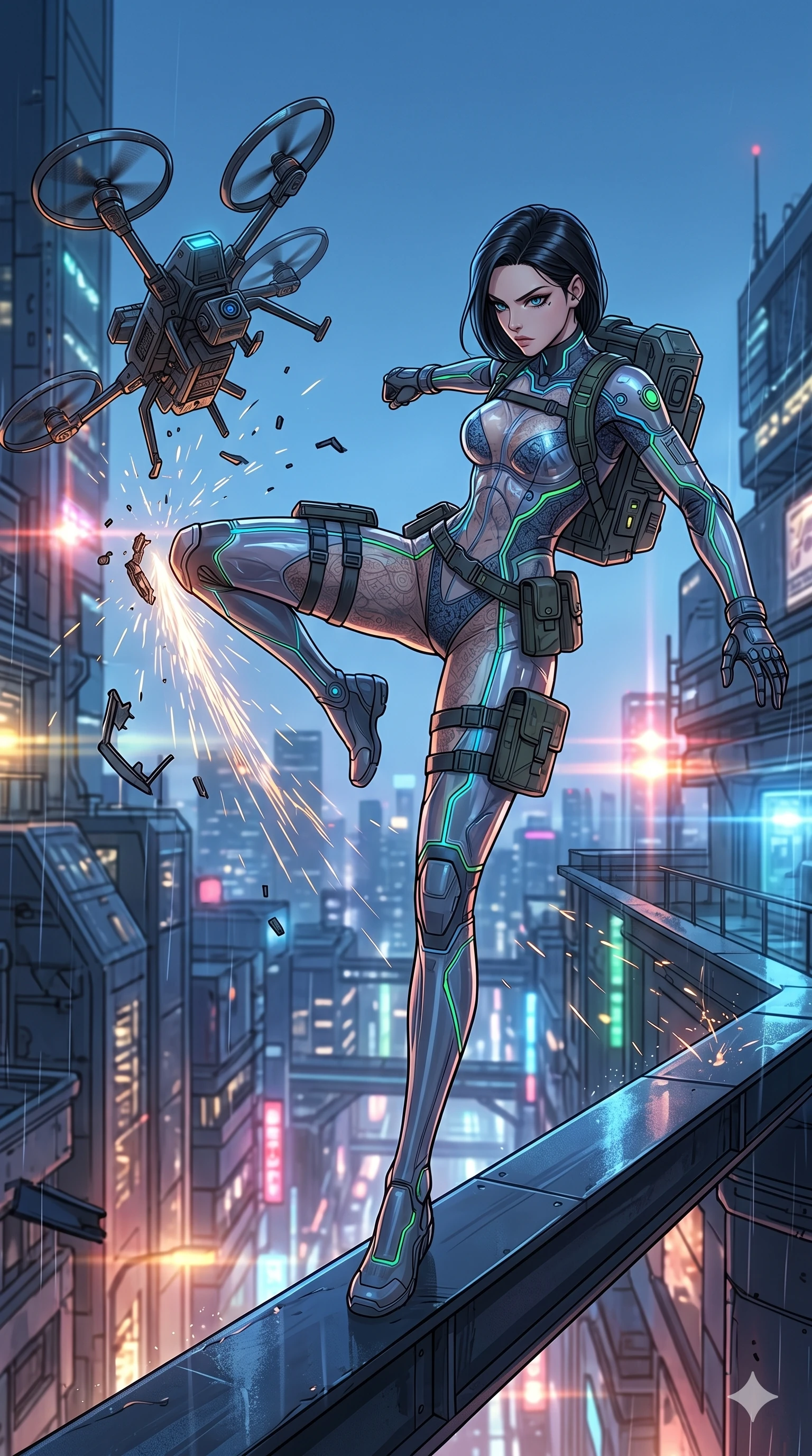 score_9, masterpiece, best quality, ultra-detailed, high-budget anime movie keyframe, cinematic anime lighting, intricate line art, Japanese anime girl. Mid-air action shot capturing a graceful twist and vertical silhouette. kicking a drone out of the air while balancing on a narrow beam. She has an absolutely perfect 8-heads proportion, an exceptionally tall and slender female figure with an ultra-slim waist and impossibly long slender legs. strictly human anatomy, two legs only, no extra limbs, clearly defined legs and arms, perfect anatomy, perfect hands and fingers. sharp v-shaped jawline, high-bridge nose, intricate jewel-like eyes, thick eyelashes, glossy lips. Wearing Tech-Fantasy: Cybernetic tech-suit with glowing seams, translucent PVC over leotard, and modular tactical gear. The scene is illuminated by dramatic atmospheric lighting and vibrant color palettes. , 2k, ultra detail, master piece, 9:16 ratio