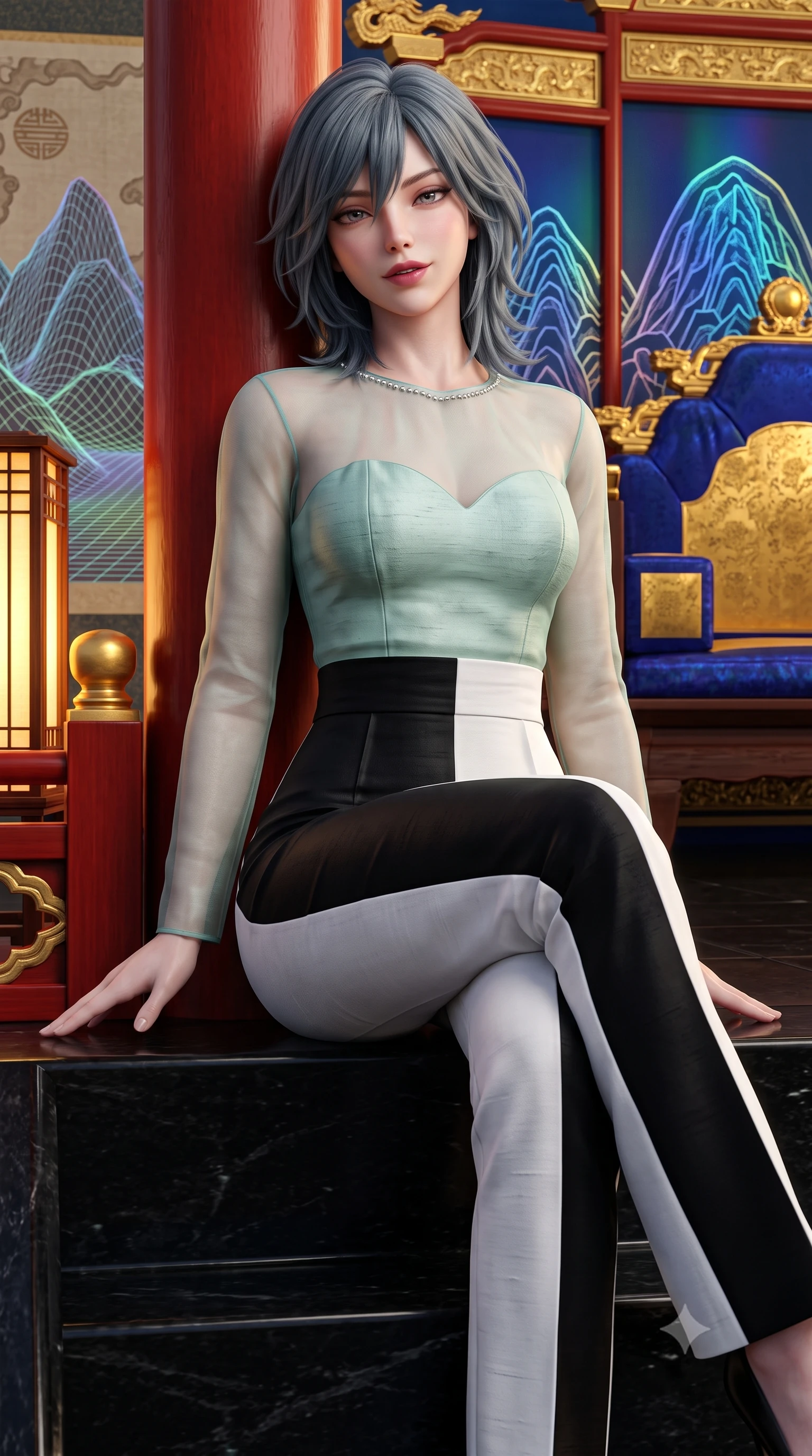 score_9, masterpiece, best quality, ultra-detailed, high-budget anime keyframe, semi-realistic 3D game render, editorial fashion photography, tasteful artistic composition, Caucasian woman. close-up cowboy shot from the waist and thighs up, the character dominates the composition, filling the frame with her large presence. leaning back against the red lacquer pillar with relaxed seductive grace, her flat midriff and narrow waist highlighted as warm lantern light traces her curves while sitting poised on the royal throne steps with legs crossed, her tailored modern hanbok gown radiating majestic high-fashion charisma. The surrounding environment is rendered in vivid detail and crisp panoramic clarity: sharp red-and-gold royal column lacquer, holographic mountain wireframe lines, and polished black stone dais steps in deep focus. She has an exceptionally elegant, slender, and willowy female figure with an ultra-slim waist, flat toned midriff, narrow ribcage, and sculpted feminine hips creating an alluring, slim hourglass silhouette without bulk. sharp v-shaped jawline, high-bridge nose, intricate jewel-like dark sparkling almond eyes with depth, thick lashes, glossy parted lips with a natural rose-plum sheen, bright alluring and coquettish smile with bedroom-eyes, exuding both timeless oriental elegance and sovereign high-fashion allure, flawlessly proportioned anatomical accuracy, strict slender model proportions, natural body alignment, perfectly sculpted long slender limbs, ultra-slim waistline, clean dynamic posture without body distortion. wearing a sheer technical mesh and silk hanbok blouse worn over a sculpted sweetheart bustier with high-waisted tailored silk trousers in stark monochrome black and white ink contrast, tailored from smooth celadon raw silk with natural organic slub texture, finished with subtle crystal rhinestones tracing the elegant neckline, the high-waisted wrap tailoring accentuating her ultra-slim waistline and the enchanting curve of her feminine hips with alluring oriental charm. bathed in majestic royal gold and sapphire light radiating from the holographic throne backdrop. highly saturated vibrant anime colors, detailed shading with soft gradients, rich glossy textures, high-contrast stereoscopic depth, volumetric dynamic lighting, master piece, 9:16 ratio