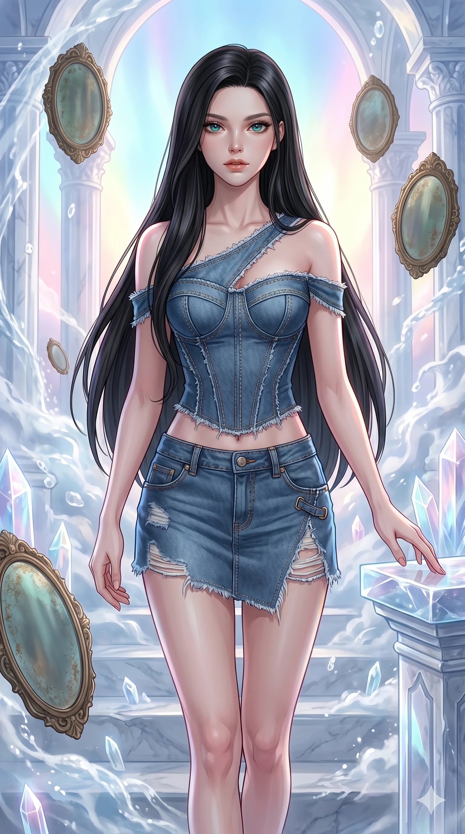 score_9, masterpiece, best quality, ultra-detailed, high-budget anime keyframe, Caucasian woman, strictly human ears. upper body close-up from the thighs up, character filling the screen for maximum presence. wandering through a mirage cloud cathedral of translucent marble and water mist, surrounded by floating ancient bronze mirror walls. She has an absolutely perfect 8-heads proportion, an exceptionally tall and slender female figure with impossibly long slender legs and an ultra-slim waist. V-shaped jawline, high-bridge nose, intricate jewel-like eyes with depth, thick eyelashes, glossy lips with a natural sheen.. wearing a deconstructed denim corset and an asymmetric ripped denim micro-skirt, showcasing a rugged yet chic off-shoulder style. enhanced by a luminous pastel spectrum glow, casting elegant rim lights on her shoulders and jawline. 2k, ultra detail, master piece, 9:16 ratio