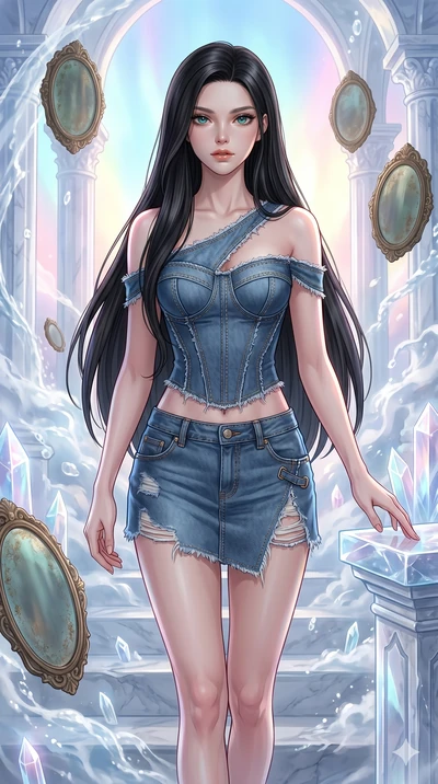 score_9, masterpiece, best quality, ultra-detailed, high-budget anime keyframe, Caucasian woman, strictly human ears. upper body close-up from the thighs up, character filling the screen for maximum presence. wandering through a mirage cloud cathedra