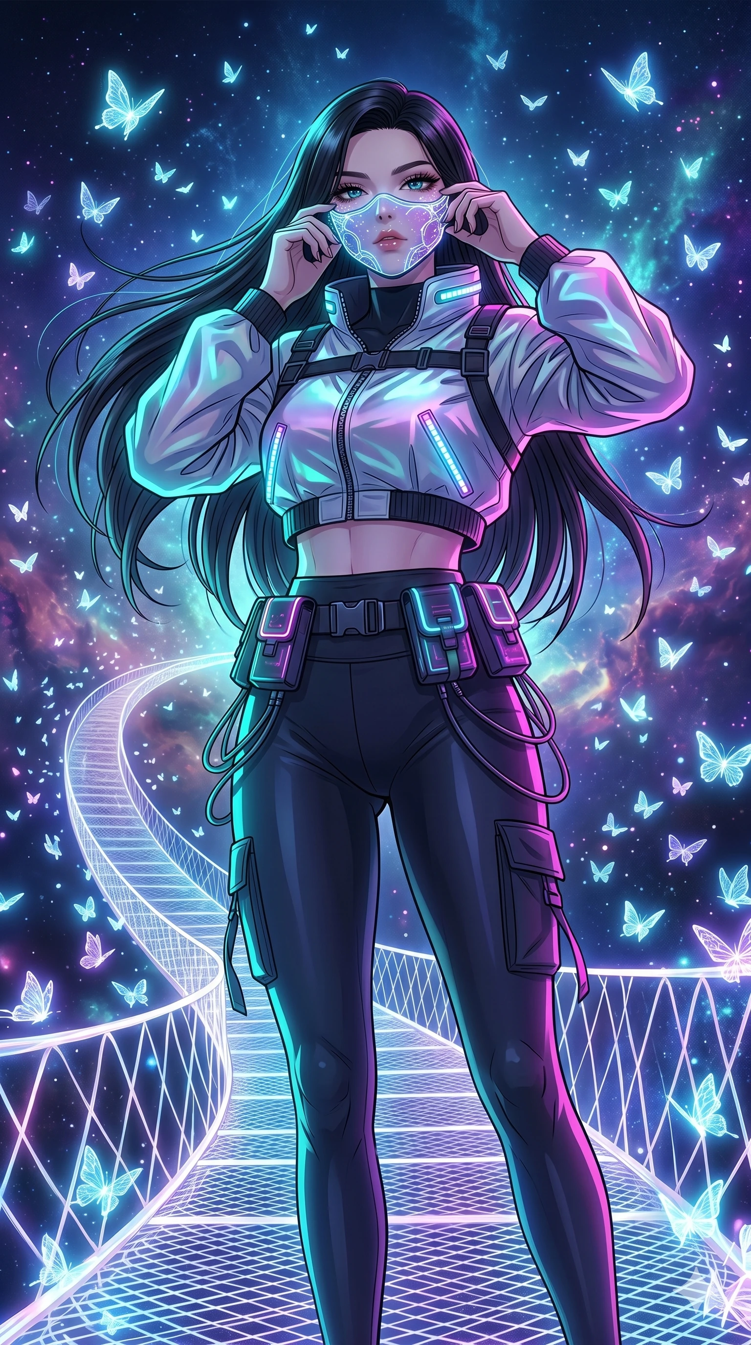 score_9, masterpiece, best quality, ultra-detailed, high-budget anime movie keyframe, cinematic anime lighting, intricate line art, Japanese woman. Low angle cowboy shot filling the entire 9:16 frame with her statuesque presence. adjusting a glowing mask in a celestial bridge made of light surrounded by glowing butterflies. She has an absolutely perfect 8-heads proportion, an exceptionally tall and slender female figure with an ultra-slim waist and impossibly long slender legs. sharp v-shaped jawline, high-bridge nose, intricate jewel-like eyes, thick eyelashes, glossy lips. Wearing modern urban tech-wear ensemble with a cropped reflective bomber jacket, ultra-slim high-waisted cargo leggings, and tactical harness with neon-lit pouches. The scene is illuminated by dramatic atmospheric lighting and vibrant color palettes. , 2k, ultra detail, master piece, 9:16 ratio