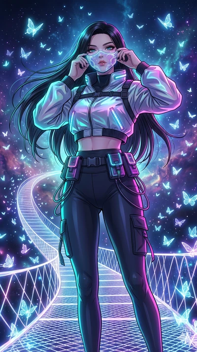 score_9, masterpiece, best quality, ultra-detailed, high-budget anime movie keyframe, cinematic anime lighting, intricate line art, Japanese woman. Low angle cowboy shot filling the entire 9:16 frame with her statuesque presence. adjusting a glowing 