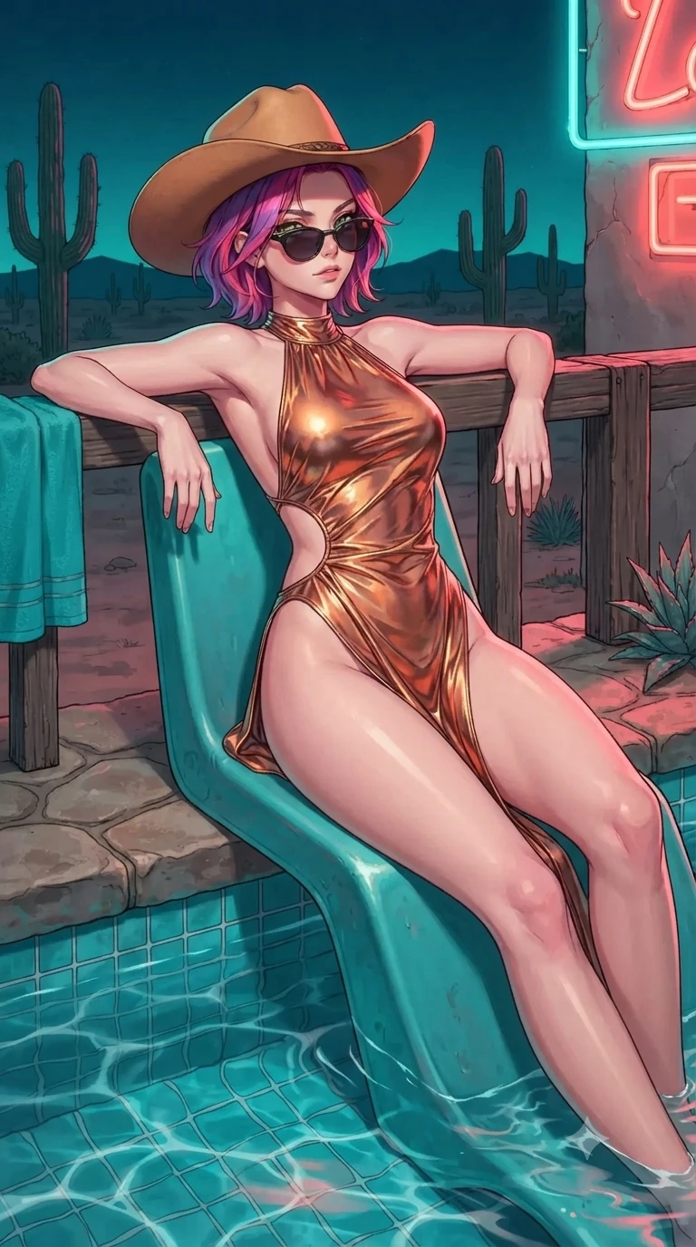 score_9, masterpiece, best quality, ultra-detailed, high-budget anime keyframe, editorial fashion photography, tasteful artistic composition, Caucasian woman. close-up cowboy shot from the waist and thighs up, the character dominates the composition, filling the frame with her large presence. leaning against the timber guardrail with hips cocked back, looking through dark sunglasses with an alluring, confident half-smile while lounging back across a vintage turquoise plastic pool lounger propped on both elbows, her flat midriff and feminine hips bathed in vibrant coral and cyan neon. The surrounding environment is rendered in vivid detail and crisp panoramic clarity: sharp pool water ripple surface reflections, saguaro cactus ribbed spine texture, and concrete pool coping in deep focus. She has an exceptionally elegant, slender, and willowy female figure with an ultra-slim waist, flat toned midriff, narrow ribcage, and sculpted feminine hips creating an alluring, slim hourglass silhouette without bulk. sharp v-shaped jawline, high-bridge nose, sparkling eyes with hypnotic seductive depth, thick curled eyelashes, glossy parted lips with a natural dewy peach sheen, alluring bedroom-eyes with an enchanting coquettish smile, exuding magnetic siren charisma and sophisticated glamour, flawlessly proportioned anatomical accuracy, strict slender model proportions, natural body alignment, perfectly sculpted long slender limbs, ultra-slim waistline, clean dynamic posture without body distortion. wearing a liquid metallic lamé one-piece swim dress clinging like a second skin with hip-high side cutouts in molten metallic copper and radiant desert sand, crafted from luxurious metallic lamé that shifts radiance with every step, finished with a wide-brimmed felt cowboy hat tipped back to frame her face and long glossy hair, the impeccably tailored cut draping gracefully along her slender figure with aristocratic western poise. bathed in the vibrant, high-contrast neon glow of electric turquoise and hot-coral tubes reflecting dynamically off pool water and skin. ultra-reflective glossy finish, specular highlights, rich textural contrasts, high-contrast stereoscopic depth, volumetric dynamic lighting, 2k, ultra detail, master piece, 9:16 ratio