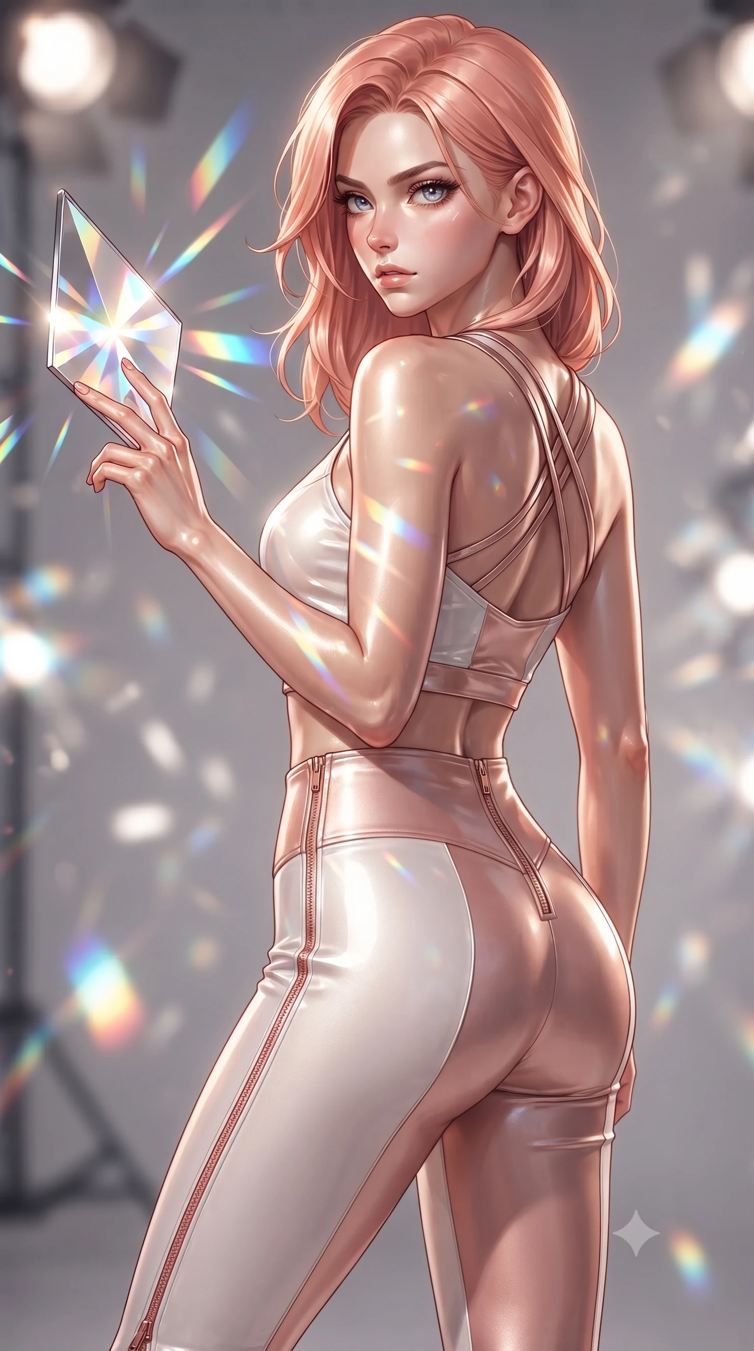 score_9, masterpiece, best quality, ultra-detailed, high-budget anime keyframe, editorial fashion photography, tasteful artistic composition, Japanese woman. close-up cowboy shot from the waist and thighs up, the character dominates the composition, filling the frame with her large presence, background elements kept in soft focus. Pivoting sharply while looking back over her shoulder with heavy lashes and a confident, intense gaze while reaching out to touch a hovering mirror petal catching bright studio spotlights, a kaleidoscope of refractions forming geometric light patterns on her skin. She has an exceptionally elegant, slender, and willowy female figure with an ultra-slim waist, a gracefully sculpted slender torso, and a refined silhouette. sharp v-shaped jawline, high-bridge nose, intricate jewel-like eyes with depth, thick eyelashes, glossy lips with a natural sheen, flawlessly proportioned anatomical accuracy, natural body alignment, perfectly sculpted elegant limbs, clean dynamic posture without body distortion. wearing a glossy vinyl crop top and high-waist tailored leggings with sleek zippers in pearl white and rose gold, made of premium stretch velvet with a rich sheen, complemented by criss-cross back straps highlighting her bare shoulders, the tailored fabric tightly following every curve of her athletic build. surrounded by a radiant, high-energy reflection aura. ultra-reflective glossy finish, specular highlights, metallic sheen, high-contrast stereoscopic depth, volumetric dynamic lighting, 2k, ultra detail, master piece, 9:16 ratio