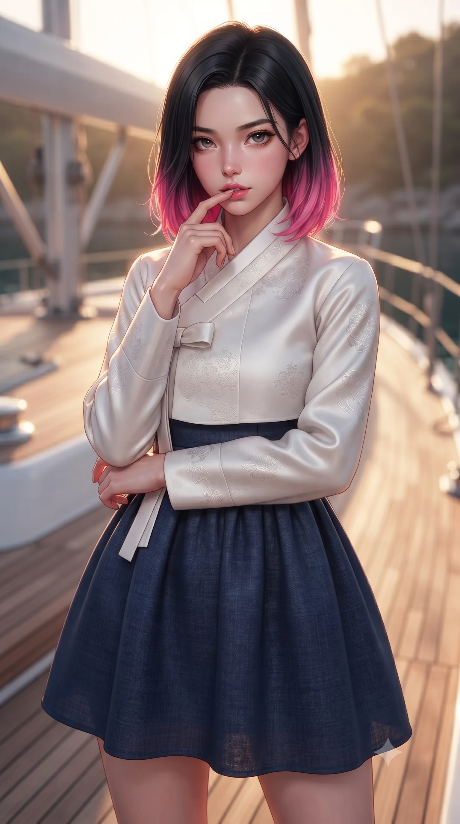 score_9, masterpiece, best quality, ultra-detailed, high-budget anime keyframe, editorial fashion photography, tasteful artistic composition, Korean woman woman. close-up cowboy shot from the waist and thighs up, the character dominates the composition, filling the frame with her large presence, background elements kept in soft focus. pressing one finger to her bottom lip in a thoughtful, seductive gesture under the warm sun the background shows a soft-focus the wooden deck of a luxury sailing yacht docked in a quiet private bay. She has an exceptionally elegant, slender, and willowy female figure with an ultra-slim waist, a gracefully sculpted slender torso, and a refined silhouette. sharp v-shaped jawline, high-bridge nose, intricate jewel-like eyes with depth, thick eyelashes, glossy lips with a natural sheen. wearing a tailored modern fusion hanbok dress with a navy blue linen skirt and a high-neck white silk wrapper. warm golden hour light tracing her silhouette with a soft glowing rim light. ultra-reflective glossy finish, specular highlights, metallic sheen, high-contrast stereoscopic depth, volumetric dynamic lighting, 2k, ultra detail, master piece, 9:16 ratio