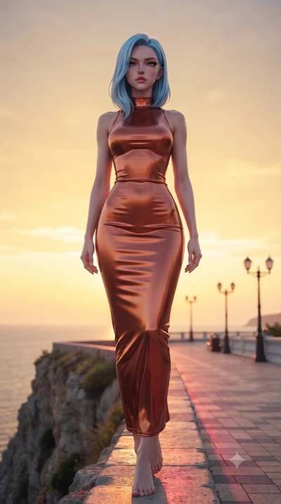 score_9, masterpiece, best quality, ultra-detailed, high-budget anime keyframe, editorial fashion photography, tasteful artistic composition, Korean woman woman. low angle full-body shot from head to toe showing her feet, filling the entire 9:16 vert