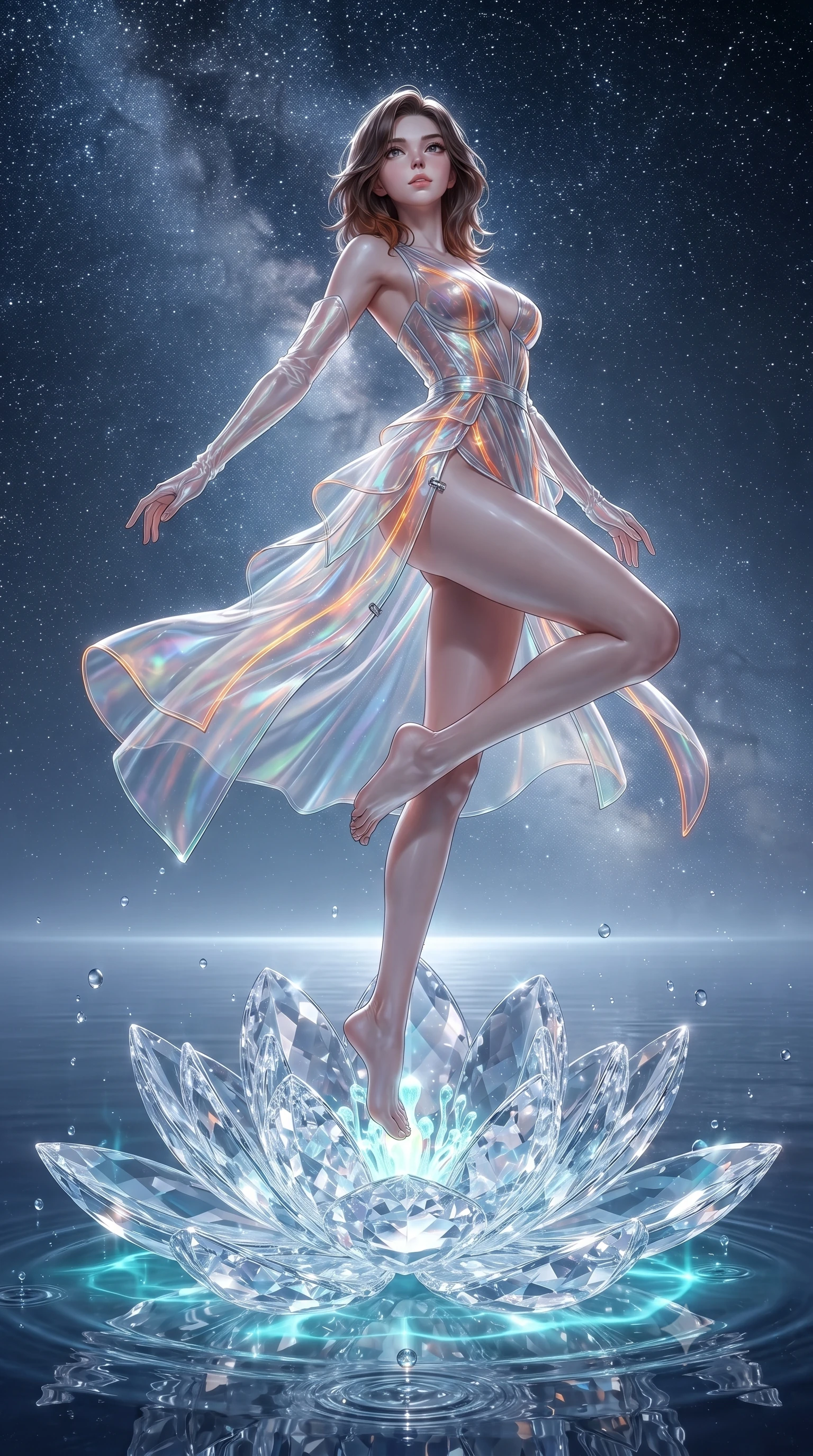 score_9, masterpiece, best quality, ultra-detailed, high-budget anime keyframe, editorial fashion photography, tasteful artistic composition, Korean woman. low angle full-body shot from head to toe showing her feet, filling the entire 9:16 vertical frame with her statuesque presence, stretching her vertical silhouette. leaping through mid-air with an athletic yet alluring arch of her spine, her impossibly long slender legs stretched in flawless poise while standing with sovereign poise atop a glowing crystal lotus blossom floating in a mirror-like glass lake under the Milky Way. The surrounding environment is rendered in vivid detail and crisp panoramic clarity. intricate crystal lotus petal facets, sharp water droplet ripples, and celestial star clusters in deep focus. She has an absolutely perfect, statuesque 8.5-heads proportion, an exceptionally tall and slender model-like female figure with impossibly long slender legs, a toned flat midriff, and an ultra-slim waist. sharp v-shaped jawline, high-bridge nose, intricate jewel-like eyes with depth, thick eyelashes, glossy lips with a natural sheen, flawlessly proportioned anatomical accuracy, strict slender model proportions, natural body alignment, perfectly sculpted long slender limbs, ultra-slim waistline, clean dynamic posture without body distortion. wearing a translucent iridescent organza wrap dress with structured bustier boning, plunging neckline, and high-cut dual leg slits in vivid sunset amber orange and cloud white, tailored from semi-translucent cybernetic vinyl with glowing micro-filaments, finished with an ultra-high side slit secured by miniature magnetic clasps, the glove-like aerodynamic second-skin fit tightly clinging to her ultra-slender waist and athletic curves without adding bulk, accentuating her razor-sharp statuesque lines and slim hourglass silhouette. bathed in brilliant silver moonlight backlighting and glowing cyan water refractions. ultra-reflective glossy finish, specular highlights, metallic sheen, high-contrast stereoscopic depth, volumetric dynamic lighting, 2k, ultra detail, master piece, 9:16 ratio