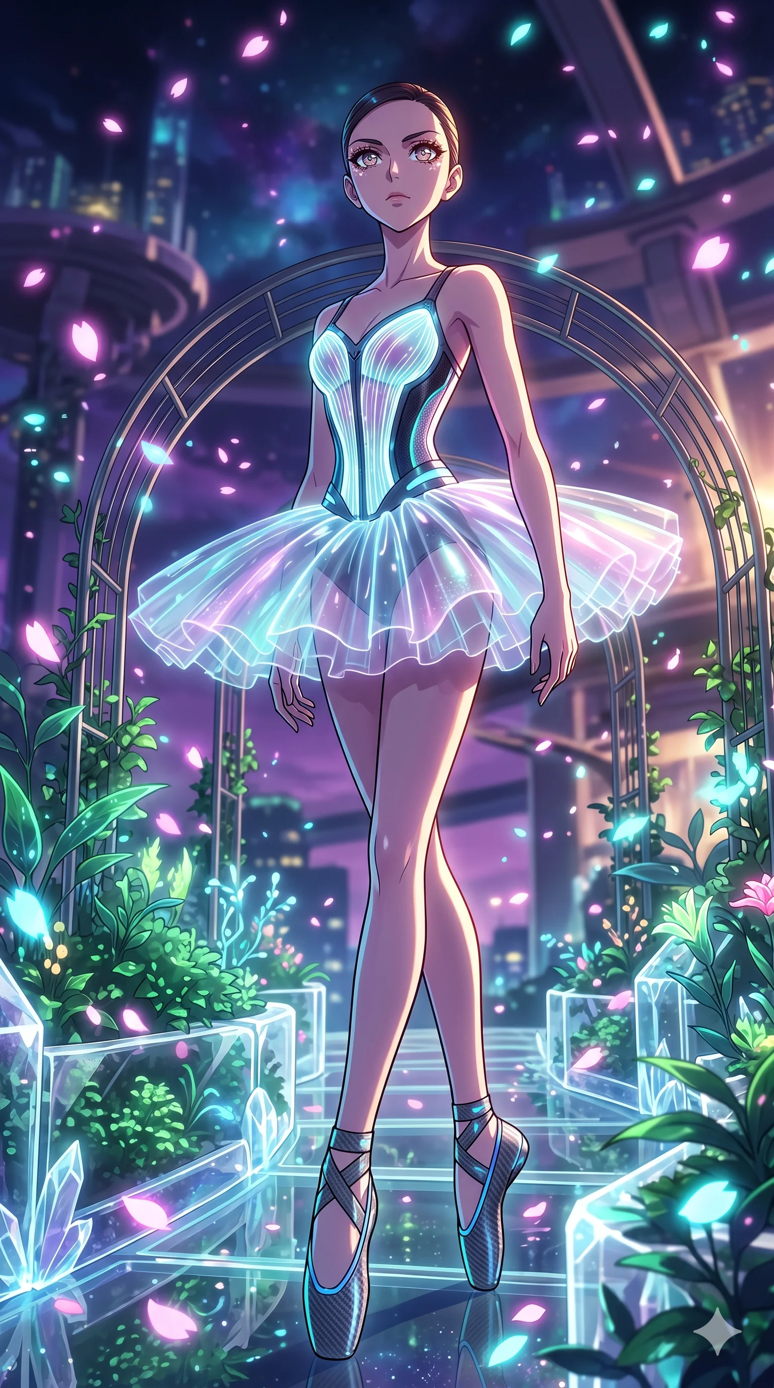 score_9, masterpiece, best quality, ultra-detailed, Set A: High-budget Anime Keyframe, Japanese woman. Upper body close-up from the thighs up, character filling the screen for maximum presence. Walking gracefully through a floating botanical garden, with a look of intense determination reflecting the fires of 17 and surrounded by digital sakura petals. She has an absolutely perfect 8-heads proportion, an exceptionally tall and slender female figure with impossibly long slender legs and an ultra-slim waist. Sharp v-shaped jawline, high-bridge nose, intricate jewel-like eyes with depth, thick eyelashes, glossy lips with a natural sheen. Wearing Futuristic ballet outfit with a glowing tutu and carbon-fiber pointe shoes. Cinematic lighting, vibrant colors, dramatic shadows, 2k, ultra detail, master piece, 9:16 ratio