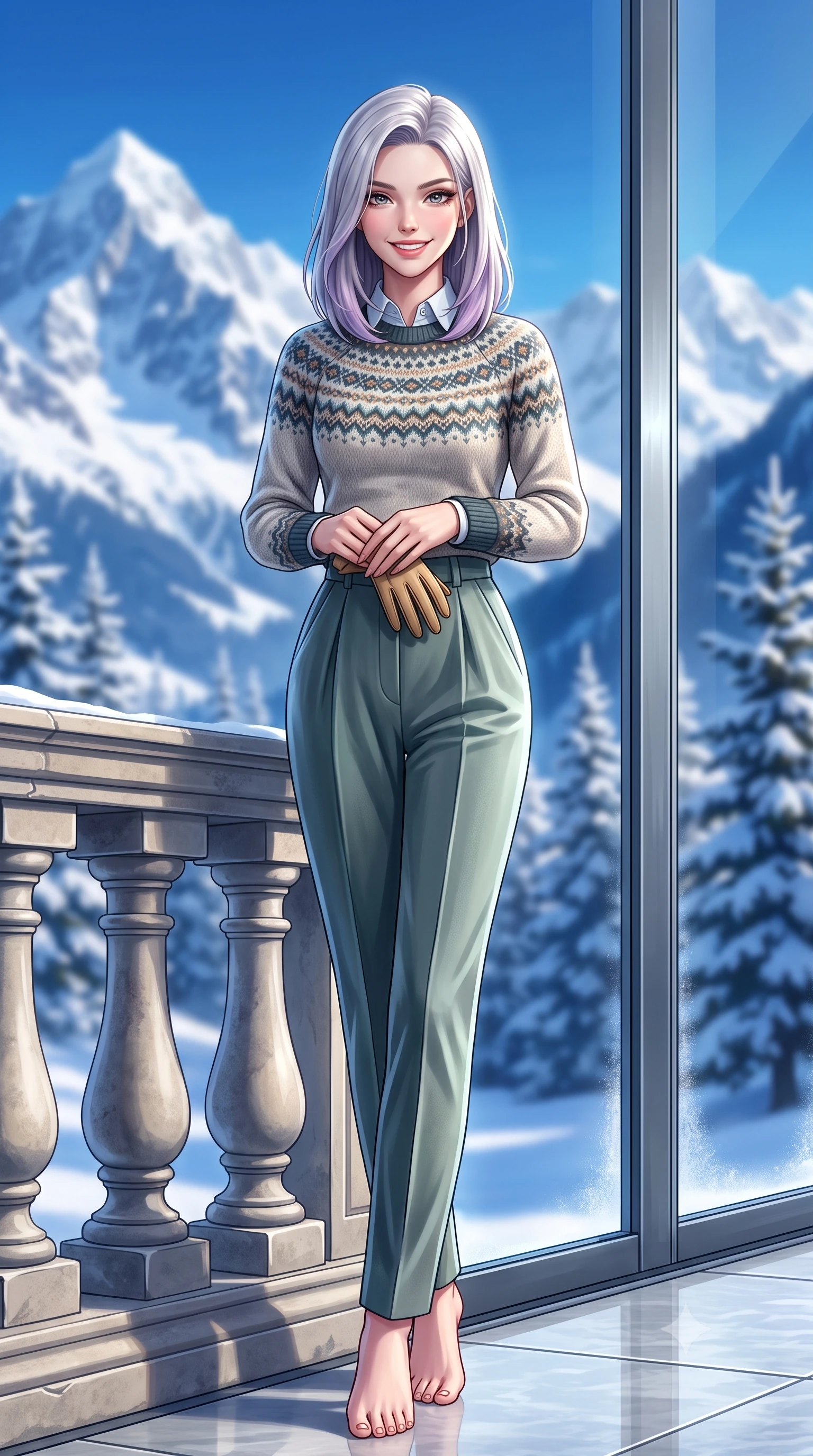 score_9, masterpiece, best quality, ultra-detailed, high-budget anime keyframe, semi-realistic 3D game render, editorial fashion photography, tasteful artistic composition, Caucasian woman. low angle full-body shot from head to toe showing her feet, filling the entire 9:16 vertical frame with her statuesque presence, stretching her vertical silhouette. standing poised beside the classical stone balustrade with one foot slightly forward, hands folded loosely before her with regal grace while standing poised beside the monumental floor-to-ceiling glass wall framing snow-capped Alpine peaks, smiling radiantly at the viewer. The background shows a soft-focus towering jagged snow-covered Swiss Alps, deep blue alpine sky, and frosted fir forests outside blurred into cobalt, stark white, and cedar bokeh. She has an exceptionally tall and slender model-like 8.5-heads proportion, an ultra-slim waist, a flat toned midriff, narrow delicate ribcage, and beautifully sculpted feminine hips creating a graceful, slim hourglass silhouette without any bulky heaviness, with impossibly long slender legs. sharp v-shaped jawline, high-bridge nose, intricate jewel-like sparkling eyes with depth, thick eyelashes, glossy parted lips with a natural peach sheen, bright cheerful beaming smile with an enchanting and coquettish sensual glint, exuding both youthful cute charm and seductive allure, flawlessly proportioned anatomical accuracy, strict slender model proportions, natural body alignment, perfectly sculpted long slender limbs, ultra-slim waistline, clean dynamic posture without body distortion. wearing a Fair Isle patterned lambswool knit sweater layered over an Oxford button-down shirt with pleated wool trousers in misty Arashiyama bamboo green and slate grey, crafted from rich cotton velvet with deep light-absorbing pile and soft gradients, complemented by buttery leather gloves held delicately in one manicured hand, the bespoke architectural tailoring hugging her natural waistline with sartorial precision, creating a clean graceful hourglass silhouette with tall model elegance. illuminated by brilliant snow reflection fill and sharp ice-crystal rim lights defining her razor-sharp jawline and tall slender frame. highly saturated vibrant anime colors, detailed shading with soft gradients, rich glossy textures, high-contrast stereoscopic depth, volumetric dynamic lighting, master piece, 9:16 ratio