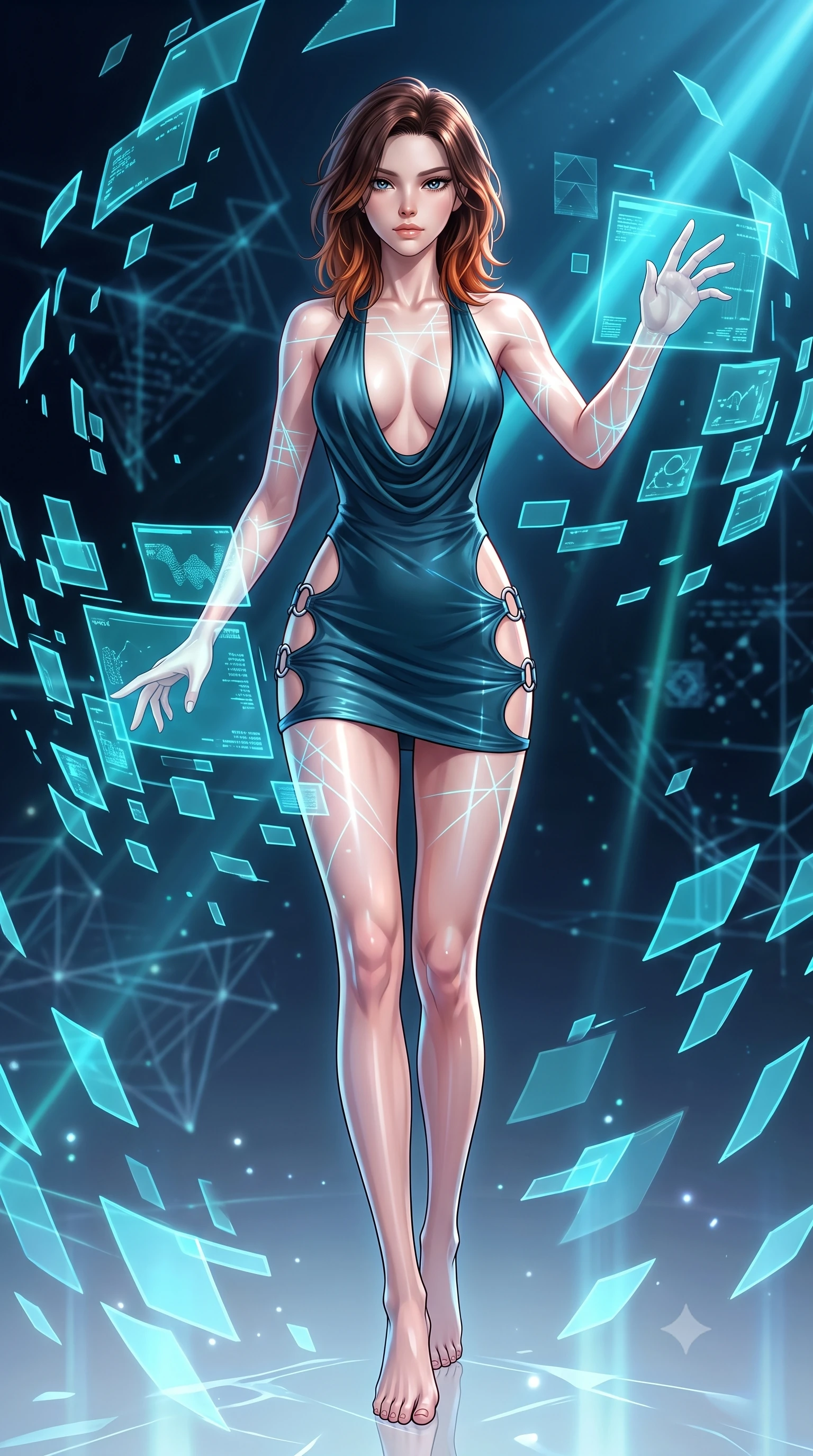 score_9, masterpiece, best quality, ultra-detailed, high-budget anime keyframe, editorial fashion photography, tasteful artistic composition, Korean woman. low angle full-body shot from head to toe showing her feet, filling the entire 9:16 vertical frame with her statuesque presence, stretching her vertical silhouette. navigating the luminous space with effortless poise, displaying her perfect model proportions manipulating floating translucent cyan hologram data shards in a void, laser lines casting precise geometric grid highlights on her athletic form. She has an absolutely perfect, statuesque 8.5-heads proportion, an exceptionally tall and slender model-like female figure with impossibly long slender legs and an ultra-slim waist. sharp v-shaped jawline, high-bridge nose, intricate jewel-like eyes with depth, thick eyelashes, glossy lips with a natural sheen. wearing a deep-scoop halter neck bodycon dress with daring hip cutouts connected by silver rings, the elegant draped fit framing her graceful clavicle and slender torso. lit by bright volumetric laser beams and soft specular highlights. highly saturated vibrant anime colors, detailed shading with soft gradients, rich glossy textures, high-contrast stereoscopic depth, volumetric dynamic lighting, master piece, 9:16 ratio