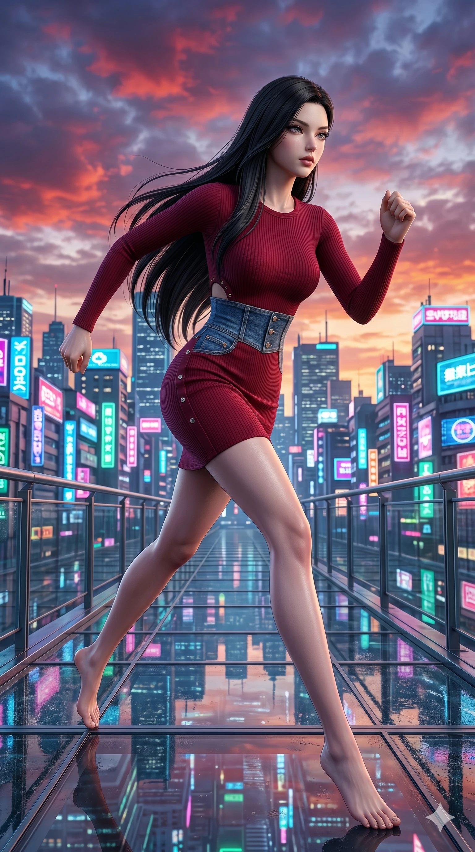 score_9, masterpiece, best quality, ultra-detailed, Set A: Photorealistic 8k CG, Japanese woman. Low angle cowboy shot filling the entire 9:16 frame with her statuesque presence. Sprinting across a glass bridge over a sprawling cyberpunk metropolis at dawn with colorful clouds. She has an absolutely perfect 8-heads proportion, an exceptionally tall and slender female figure with elegant long slender legs and an slender waist. Sharp v-shaped jawline, high-bridge nose, intricate jewel-like eyes with depth, thick eyelashes, glossy lips. Wearing an Urban Trendsetter outfit: ribbed form-fitting dress in deep crimson with side accents and high-waist denim accents. Background is a bright and colorful city skyline with neon reflections on glass surfaces. 2k, ultra detail, master piece, 9:16 ratio