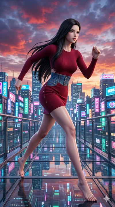 score_9, masterpiece, best quality, ultra-detailed, Set A: Photorealistic 8k CG, Japanese woman. Low angle cowboy shot filling the entire 9:16 frame with her statuesque presence. Sprinting across a glass bridge over a sprawling cyberpunk metropolis a