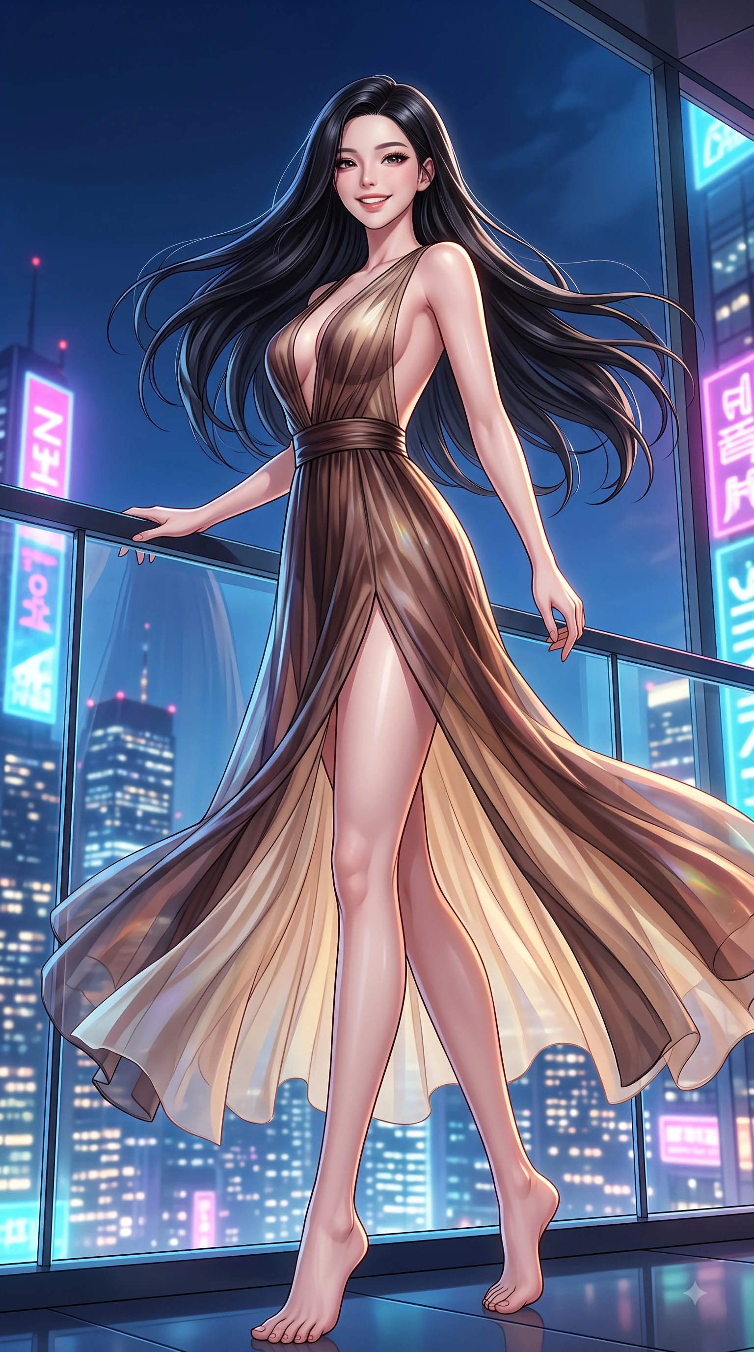 score_9, masterpiece, best quality, ultra-detailed, high-budget anime keyframe, editorial fashion photography, tasteful artistic composition, Korean woman. low angle full-body shot from head to toe showing her feet, filling the entire 9:16 vertical frame with her statuesque presence, stretching her vertical silhouette. performing a cheerful mid-air rotation with flawless poise, her radiant smile capturing fresh college girlhood energy while reaching one hand gracefully toward a glass railing overlooking a vibrant urban skyline, glistening city skyline lights and neon tower signs twinkling softly through glass railings. She has an absolutely perfect, statuesque 8.5-heads proportion, an exceptionally tall and slender model-like female figure with impossibly long slender legs and an ultra-slim waist. sharp v-shaped jawline, high-bridge nose, intricate jewel-like eyes with depth, thick eyelashes, glossy lips with a natural sheen, flawlessly proportioned anatomical accuracy, natural body alignment, perfectly sculpted elegant limbs, clean dynamic posture without body distortion. wearing a translucent iridescent chiffon gown with a plunging neckline and open back in espresso brown and warm cream, woven from fine semi-opaque sheer organza, finished with a sleek side slit ascending to mid-thigh, the form-contouring material highlighting her ultra-slim waist and long lines. illuminated by vibrant neon skyline glow and clear specular rim highlights. highly saturated vibrant anime colors, detailed shading with soft gradients, rich glossy textures, high-contrast stereoscopic depth, volumetric dynamic lighting, master piece, 9:16 ratio