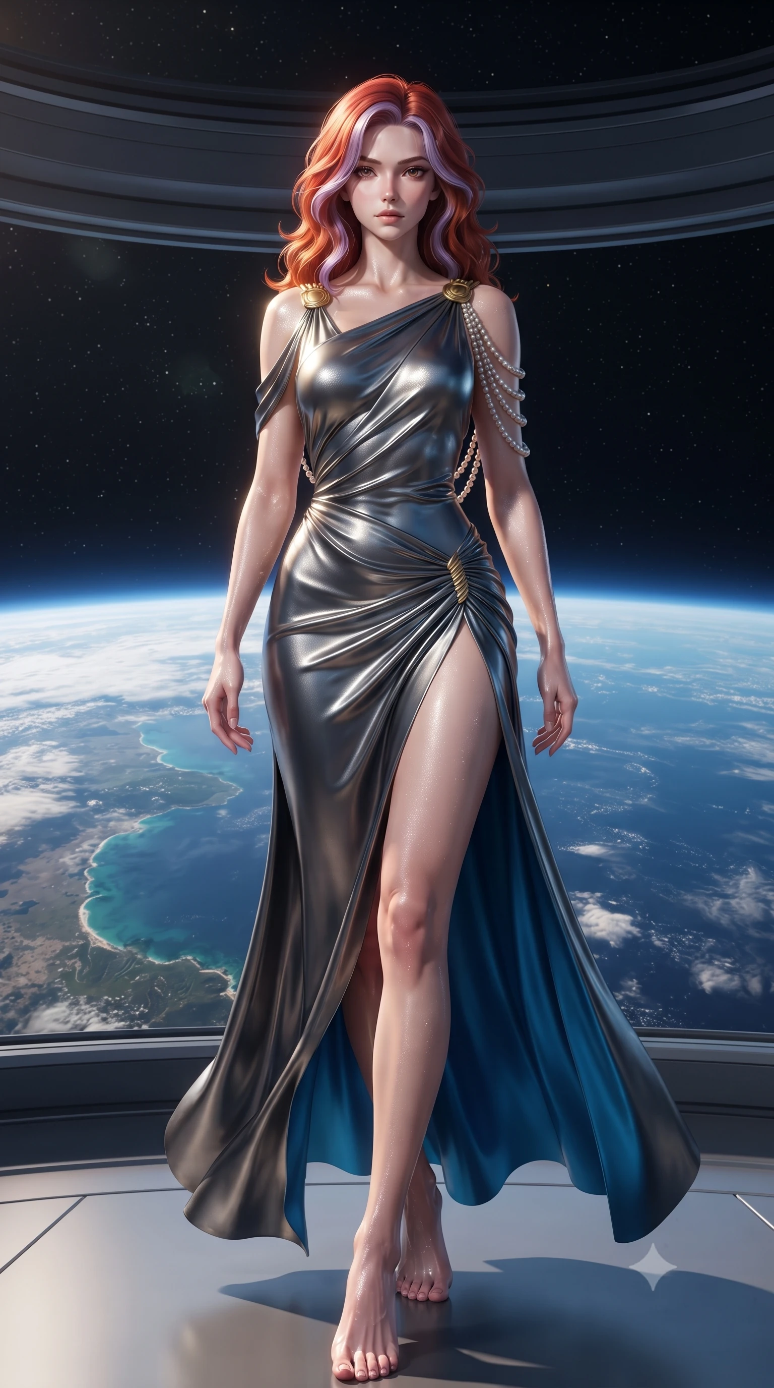 score_9, masterpiece, best quality, ultra-detailed, high-budget anime keyframe, editorial fashion photography, tasteful artistic composition, Caucasian woman. low angle full-body shot from head to toe showing her feet, filling the entire 9:16 vertical frame with her statuesque presence, stretching her vertical silhouette. striding forward in a proud supermodel runway stride, hips swaying in an alluring kinetic rhythm that accentuates her curvy hourglass silhouette while striding slowly around the orbital sanctuary perimeter, her fluid silk robes clinging to her narrow waist and long slender legs. The surrounding environment is rendered in vivid detail and crisp panoramic clarity. detailed silk weave, ambient starlight reflections on skin, and Earth ocean shoreline clarity in high resolution. She has an exceptionally tall and slender model-like 8.5-heads proportion, an ultra-slim waist, a flat toned midriff, narrow delicate ribcage, and beautifully sculpted feminine hips creating a graceful, slim hourglass silhouette without any bulky heaviness, with impossibly long slender legs. sharp v-shaped jawline, high-bridge nose, intricate jewel-like eyes with depth, thick eyelashes, glossy parted lips with a natural sheen, intensely captivating and seductive bedroom-eyes expression, flawlessly proportioned anatomical accuracy, strict slender model proportions, natural body alignment, perfectly sculpted long slender limbs, ultra-slim waistline, clean dynamic posture without body distortion. wearing a high-slit Grecian goddess draped gown with asymmetrical gold shoulder clasps and hip gathering in metallic gunmetal and electric azure, formed from supple second-skin lambskin leather with specular sheen, accented with a multi-strand pearl back necklace cascading down her bare spine to her hips, the glove-like aerodynamic silhouette tightly following the natural contour of her hips and long slender legs with statuesque 8.5-heads elegance. illuminated by gentle directional sunlight sculpting her sculpted collarbones, ultra-slim waist, and curvy hips. ultra-reflective glossy finish, specular highlights, rich textural contrasts, high-contrast stereoscopic depth, volumetric dynamic lighting, 2k, ultra detail, master piece, 9:16 ratio