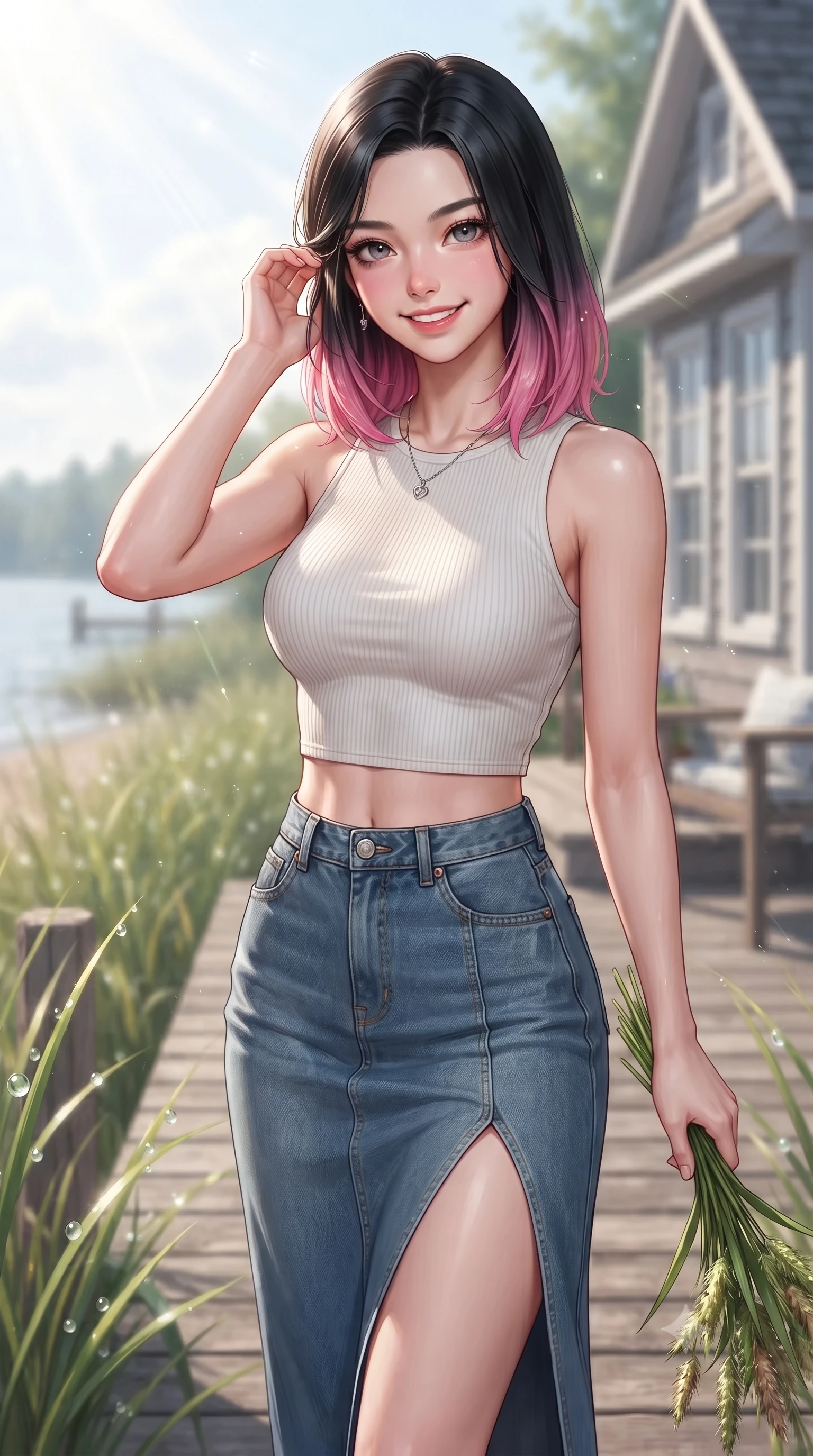 score_9, masterpiece, best quality, ultra-detailed, high-budget anime keyframe, editorial fashion photography, tasteful artistic composition, Korean woman. close-up cowboy shot from the waist and thighs up, the character dominates the composition, filling the frame with her large presence, background elements kept in soft focus. smiling cutely while gently brushing a strand of hair behind her ear set against a soft-focus background of on a wooden deck of a lakeside cottage surrounded by beachgrass holding a bunch of fresh river reeds with a happy, cute expression. She has an exceptionally elegant, slender, and willowy female figure with an ultra-slim waist, a gracefully sculpted slender torso, and a refined silhouette. sharp v-shaped jawline, high-bridge nose, intricate jewel-like eyes with depth, thick eyelashes, glossy lips with a natural sheen. wearing form-contouring stylish crop top paired with a high-slit denim midi skirt. bright morning sun rays creating fresh dewdrop reflections on the grass. ultra-reflective glossy finish, specular highlights, metallic sheen, high-contrast stereoscopic depth, volumetric dynamic lighting, 2k, ultra detail, master piece, 9:16 ratio