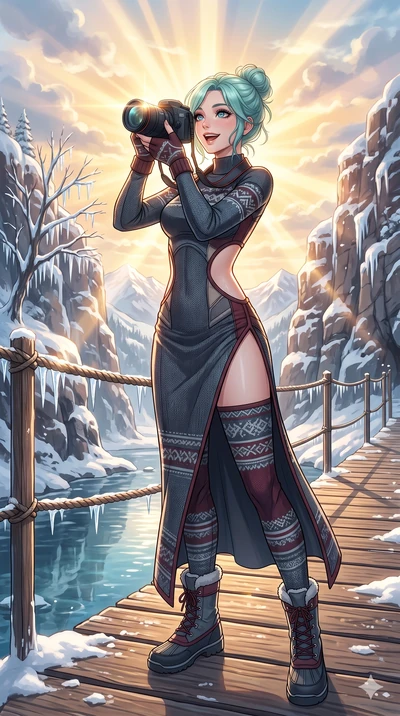 score_9, masterpiece, best quality, ultra-detailed, high-budget anime keyframe, vibrant anime aesthetic, Japanese woman. cowboy shot from the thighs up, character and outfit filling the frame for maximum presence. She is holding a camera with a brigh