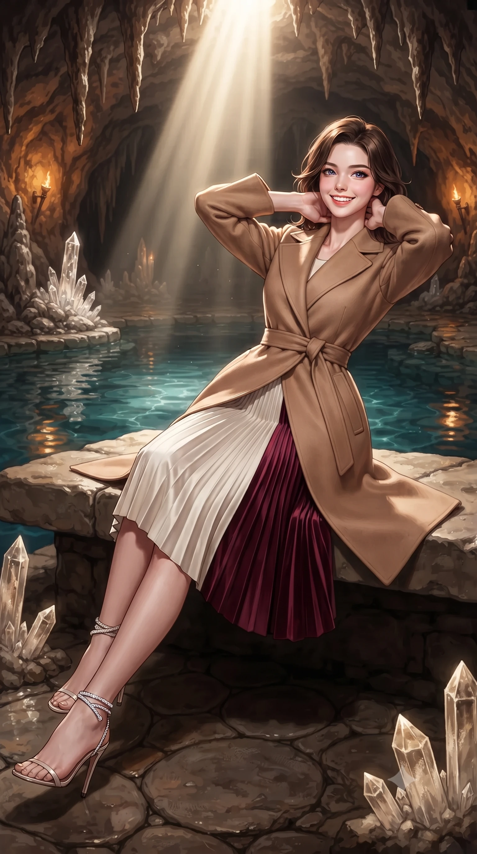 score_9, masterpiece, best quality, ultra-detailed, high-budget anime keyframe, editorial fashion photography, tasteful artistic composition, Korean woman. close-up cowboy shot from the waist and thighs up, the character dominates the composition, filling the frame with her large presence. resting both hands lightly behind her neck with elbows raised, arching her spine to highlight her narrow waist, flat midriff, and breathtaking collarbones while reclining gracefully across the flat limestone ledge propped on one elbow with legs extended, displaying her long slender limbs and statuesque hourglass silhouette in the sacred sanctuary. The surrounding environment is rendered in vivid detail and crisp panoramic clarity: sharp dripstone mineral crystal facets, circular stone walkway textures, and crystal-clear underground pool water caustics in deep focus. She has an exceptionally elegant, slender, and willowy female figure with an ultra-slim waist, flat toned midriff, narrow ribcage, and sculpted feminine hips creating an alluring, slim hourglass silhouette without bulk. sharp v-shaped jawline, high-bridge nose, intricate jewel-like sparkling eyes with depth, thick eyelashes, glossy parted lips with a natural peach sheen, bright cheerful beaming smile with an enchanting and coquettish sensual glint, exuding both youthful cute charm and seductive allure, flawlessly proportioned anatomical accuracy, strict slender model proportions, natural body alignment, perfectly sculpted long slender limbs, ultra-slim waistline, clean dynamic posture without body distortion. wearing a tailored double-faced camel cashmere wrap coat paired with an accordion pleated wool skirt in Belvedere ivory pearl and Habsburg bordeaux wine, tailored from ultra-plush silk velvet with rich tactile depth and deep shadow gradients, complemented by strappy stiletto sandals with crystal ankle wraps accentuating her slender calves, the bespoke structured tailoring following the natural line of her 8.5-heads silhouette with refined elegance. bathed in the theatrical 5000K vertical god-ray sunbeam shaft contrasting with warm 2600K amber cave wall accent downlights. ultra-reflective glossy finish, specular highlights, rich textural contrasts, high-contrast stereoscopic depth, volumetric dynamic lighting, 2k, ultra detail, master piece, 9:16 ratio