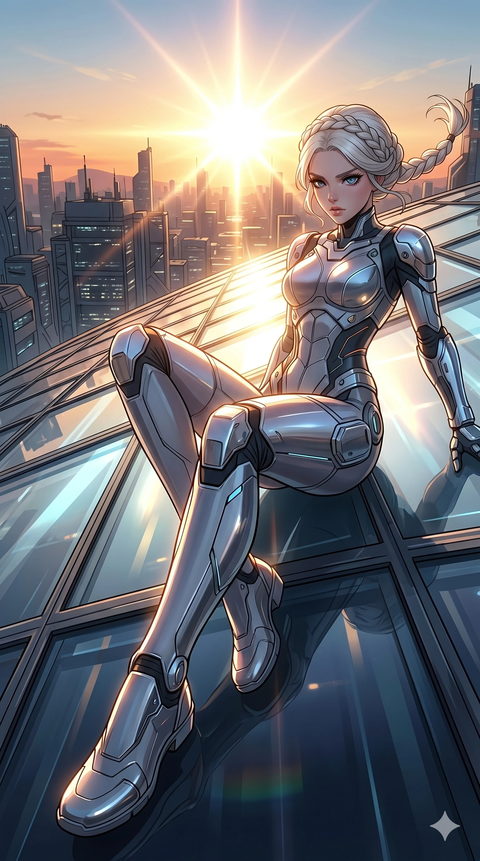 score_9, masterpiece, best quality, ultra-detailed, high-budget anime movie keyframe, cinematic anime lighting, intricate line art, Caucasian (strictly human ears) woman. Low angle cowboy shot capturing a powerful motion and statuesque presence. sliding down a glass roof as the sun creates a blinding glare. She has an graceful and slender female figure with elegant proportions. strictly human anatomy, two legs only, no extra limbs, clearly defined legs and arms, well-defined anatomy, perfect hands and fingers. sharp v-shaped jawline, high-bridge nose, intricate jewel-like eyes, thick eyelashes, glossy lips. Wearing Cyber-Tech Legacy: Futuristic tech-outfit with sleek panels and a chrome-plated aesthetic. The scene is illuminated by dramatic atmospheric lighting and vibrant color palettes. , 2k, ultra detail, master piece, 9:16 ratio