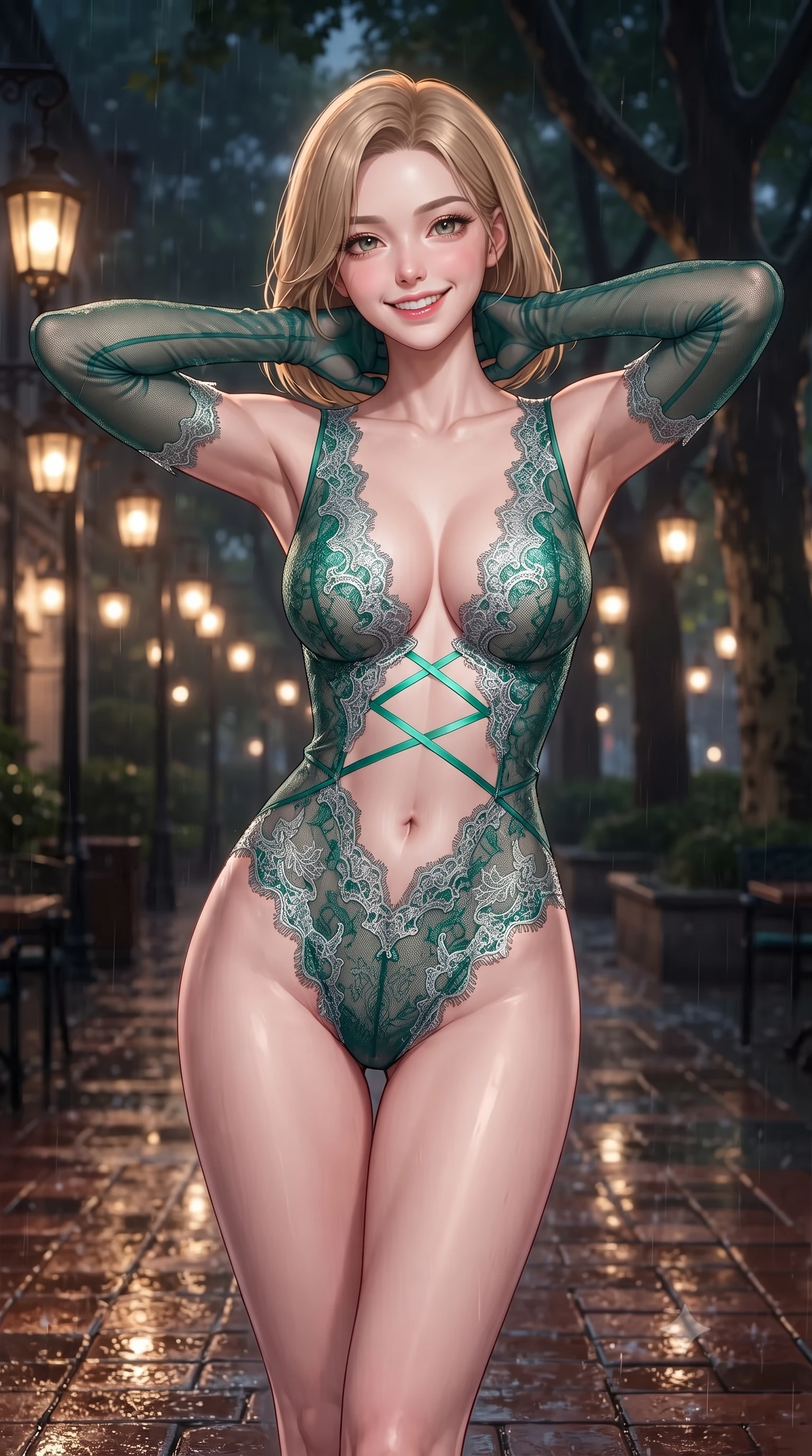 score_9, masterpiece, best quality, ultra-detailed, high-budget anime keyframe, editorial fashion photography, tasteful artistic composition, Korean woman. close-up cowboy shot from the waist and thighs up, the character dominates the composition, filling the frame with her large presence. resting both hands lightly behind her neck with elbows raised, arching her spine to highlight her narrow waist, flat midriff, and breathtaking collarbones while standing poised on the damp terracotta patio beneath towering plane trees, arching her spine with effortless siren grace as autumn midnight rain glistens on garden stones. The background shows a soft-focus hanging brass gas lanterns softened in romantic colonial Shanghai nocturnal romance shallow focus. She has an exceptionally elegant, slender, and willowy female figure with an ultra-slim waist, flat toned midriff, narrow ribcage, and sculpted feminine hips creating an alluring, slim hourglass silhouette without bulk. sharp v-shaped jawline, high-bridge nose, intricate jewel-like sparkling eyes with depth, thick eyelashes, glossy parted lips with a natural peach sheen, bright cheerful beaming smile with an enchanting and coquettish sensual glint, exuding both youthful cute charm and seductive allure, flawlessly proportioned anatomical accuracy, strict slender model proportions, natural body alignment, perfectly sculpted long slender limbs, ultra-slim waistline, clean dynamic posture without body distortion. wearing a provocative plunging sheer micro-mesh leotard with criss-cross neon strap details across her flat midriff in Nordic aurora emerald green and starlight silver, made of delicate semi-sheer French Chantilly lace with intricate eyelash edges, complemented by sheer opera-length evening gloves tracing her slender arms, the second-skin tailored fabric adhering flawlessly to her sculpted flat midriff and slender torso, emphasizing her long leg lines and perfectly proportioned willowy build. illuminated by wet paver reflection bounce and sharp copper-gold rim lights defining her dewy collarbones, ultra-slim waist, and curvy hips. ultra-reflective glossy finish, specular highlights, rich textural contrasts, high-contrast stereoscopic depth, volumetric dynamic lighting, 2k, ultra detail, master piece, 9:16 ratio